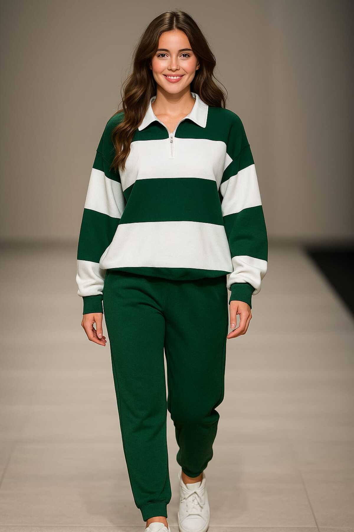 LiyAdaCo Unisex Yeşil-Beyaz Polo Yaka Parçalı Yarım Fermuar Alt Üst Eşofman Takımı
