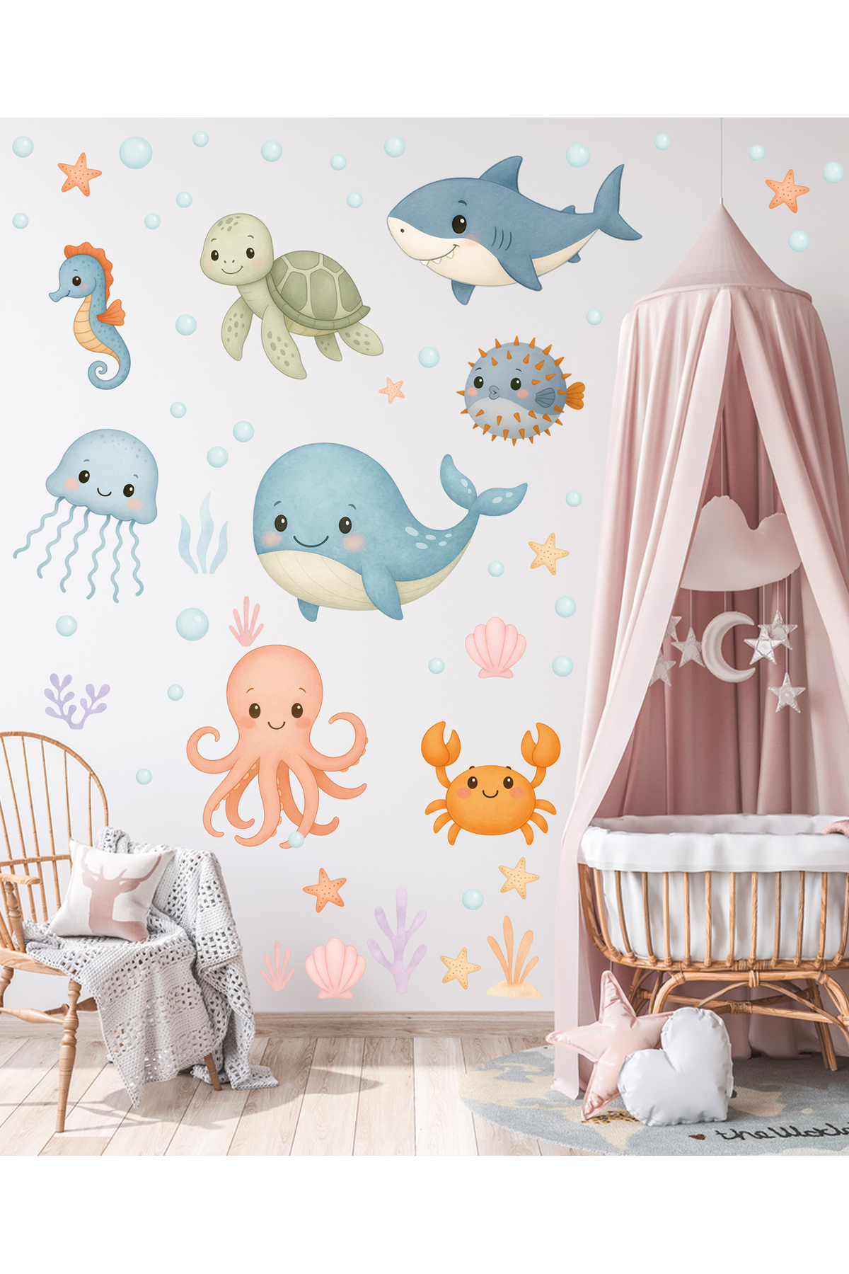 Sticker Sepetim Sevimli Pastel Deniz Canlıları Duşakabin ve Banyo Duvar Sticker Seti fotoğrafı 6 (önizleme)