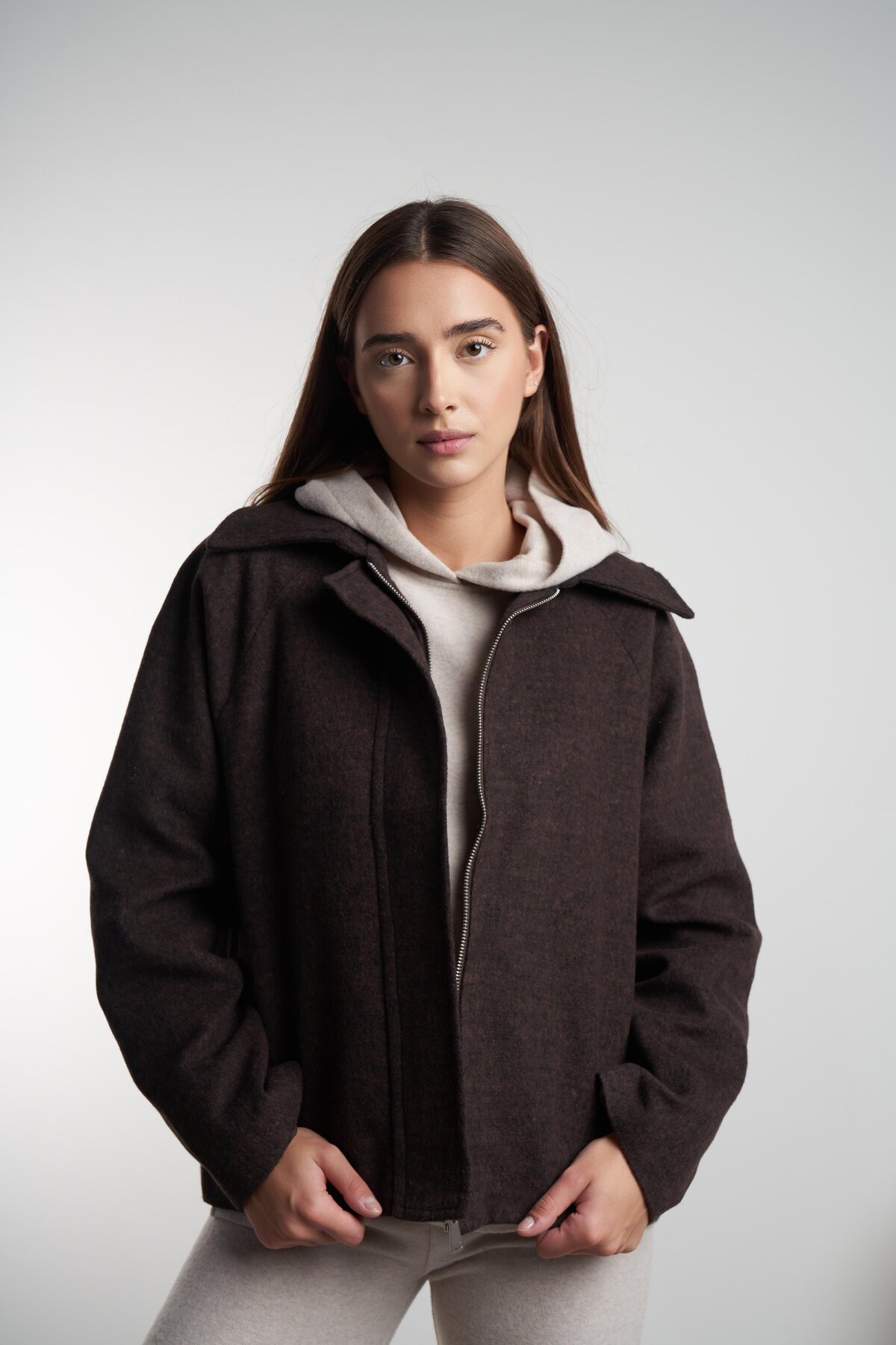 citycenterfashion Kadın Yakalı Astarlı Fermuar Kapama Kaşe Ceket/Kaban cty-abr-9057 görsel 4