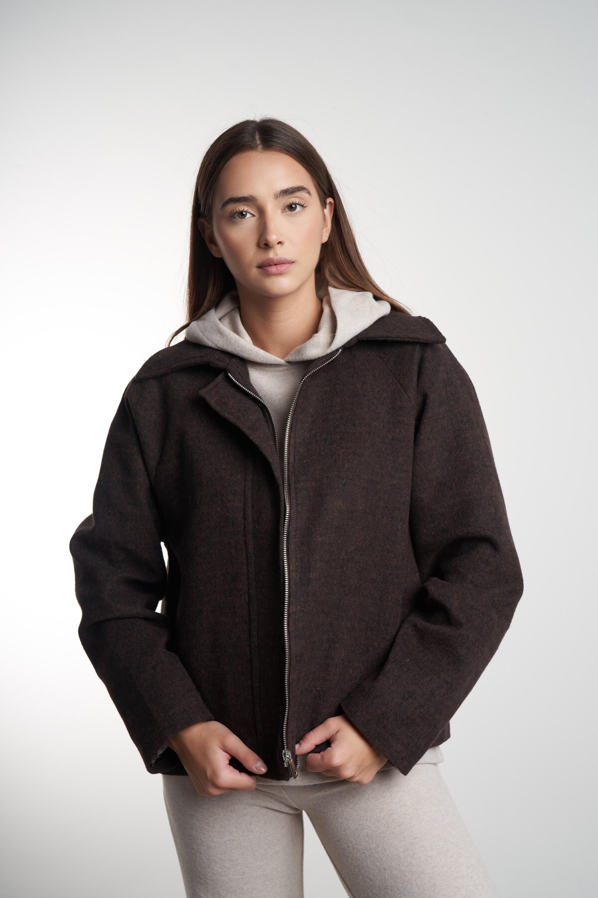 citycenterfashion Kadın Yakalı Astarlı Fermuar Kapama Kaşe Ceket/Kaban cty-abr-9057 görsel 2