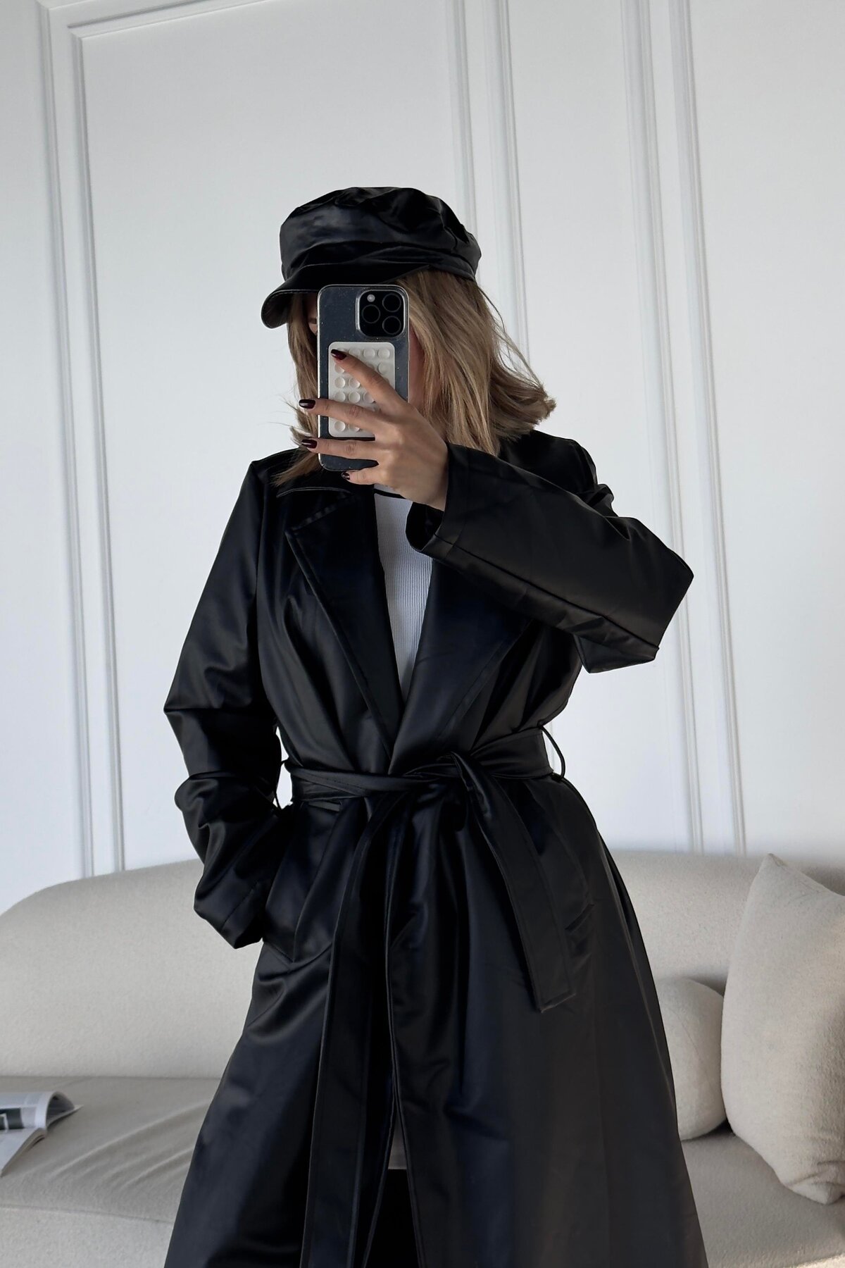 VESS MODA  Kuşaklı Tam Boy Astarlı Maxi Boy Deri Trençkot Pardesü Siyah - Görsel 5