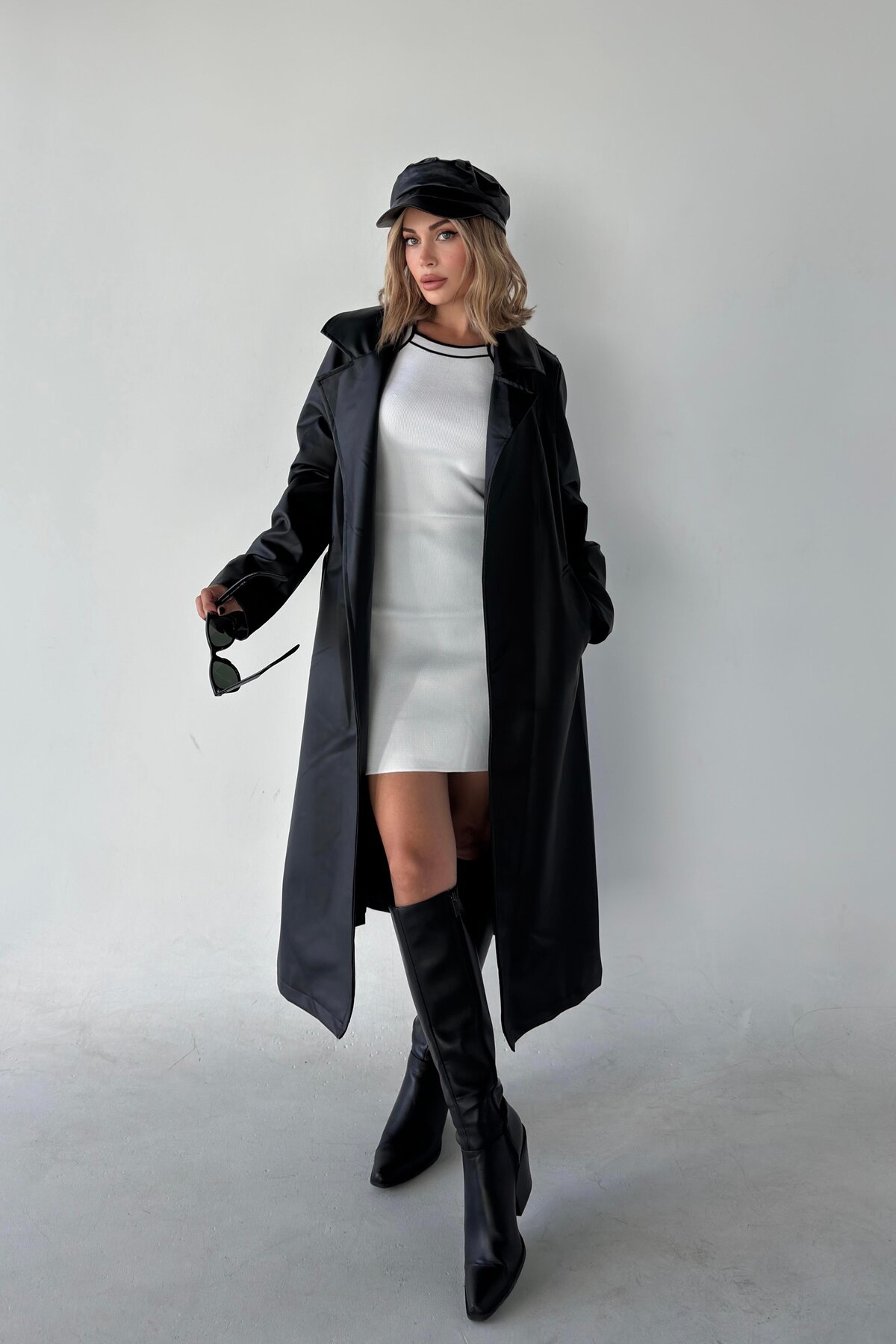 VESS MODA  Kuşaklı Tam Boy Astarlı Maxi Boy Deri Trençkot Pardesü Siyah - Görsel 3