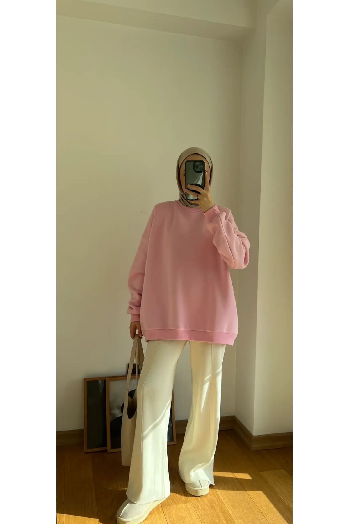 onlymoon %100 Pamuk Kadın Sweatshirt Pembe, Oversize Uzun Kalıp Yumuşak Basic Günlük Üst görsel 4