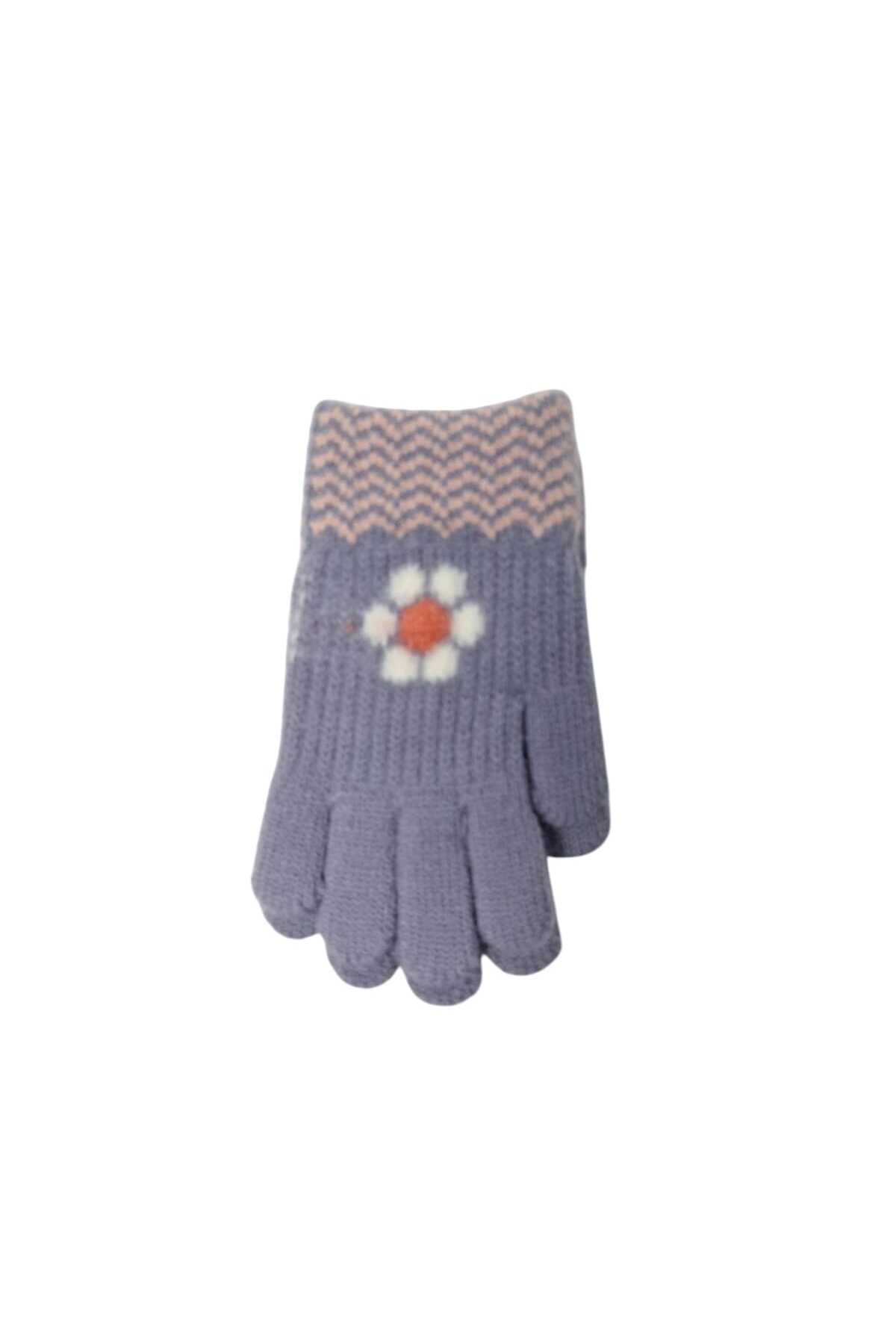 Kitti Spteks 4-8 Yaş Kız Çocuk Lavanta Renk Çiçek Desenli Kışlık Örme Eldiven fotoğrafı 2 (önizleme)
