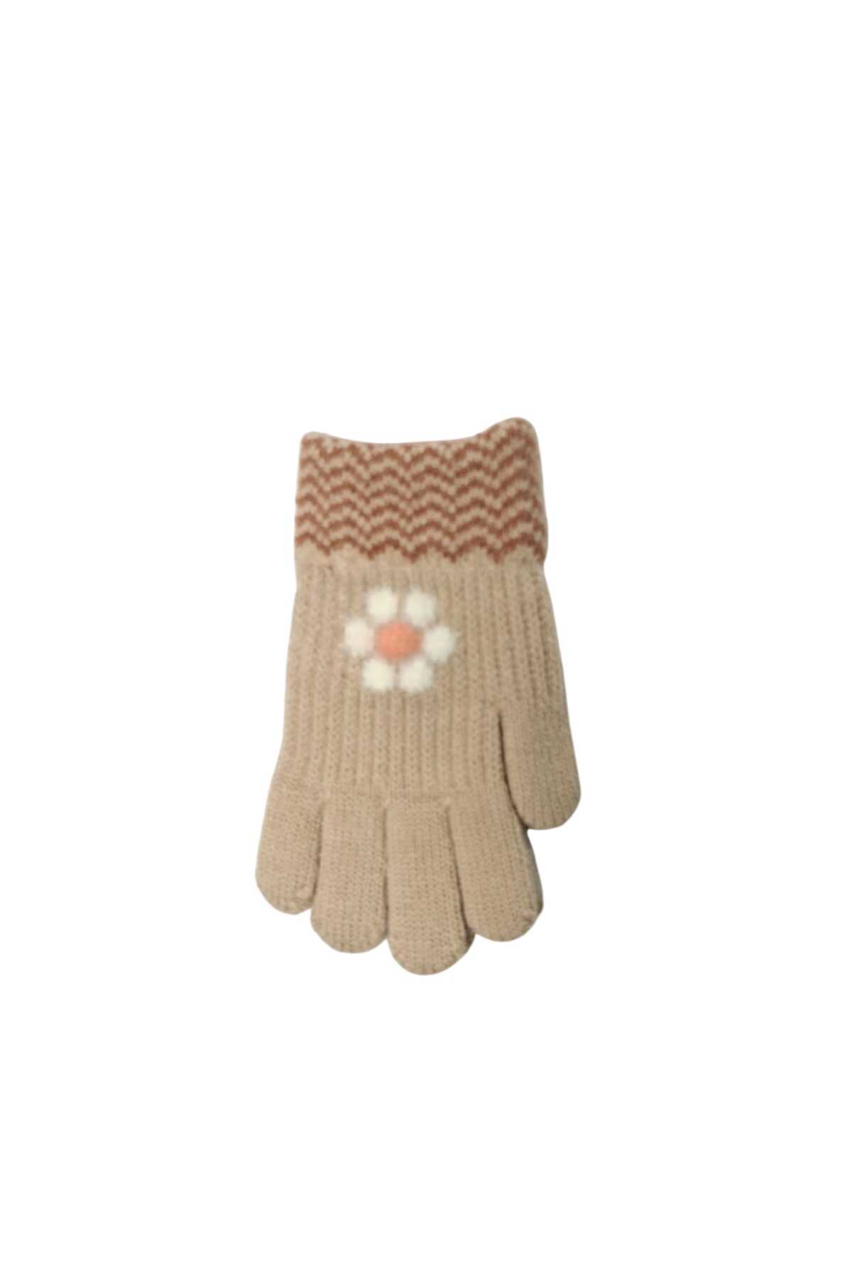 Kitti Spteks 4-8 Yaş Kız Çocuk Bej Renk Çiçek Desenli Kışlık Örme Eldiven fotoğrafı 2 (önizleme)