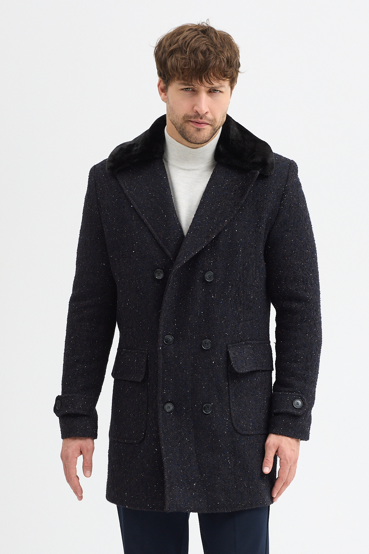 Frappoli Edvino Erkek Kahve-Lacivert Kalın Mono Yaka Kruvaze Slim Fit Kaşe Kaban