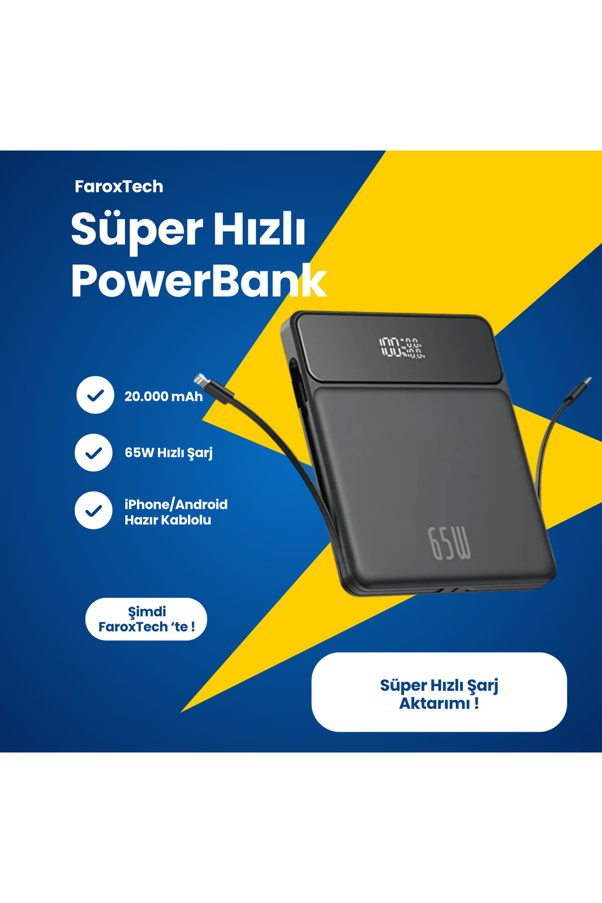 FaroxTech 65W Süper Hızlı Şarj Powerbank | 20.000 mAh | Laptop & Telefon Uyumlu | Dijital Göstergeli
