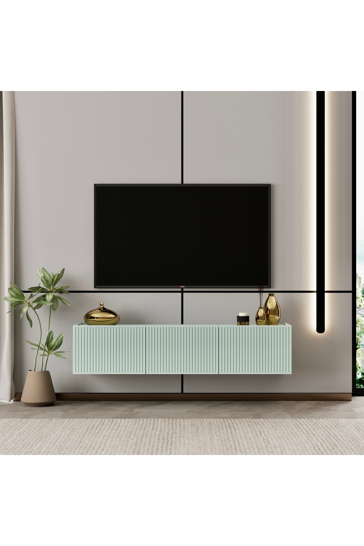 Capella TV unit mint green MDF 120 cm with wall-mounted cover and shelf