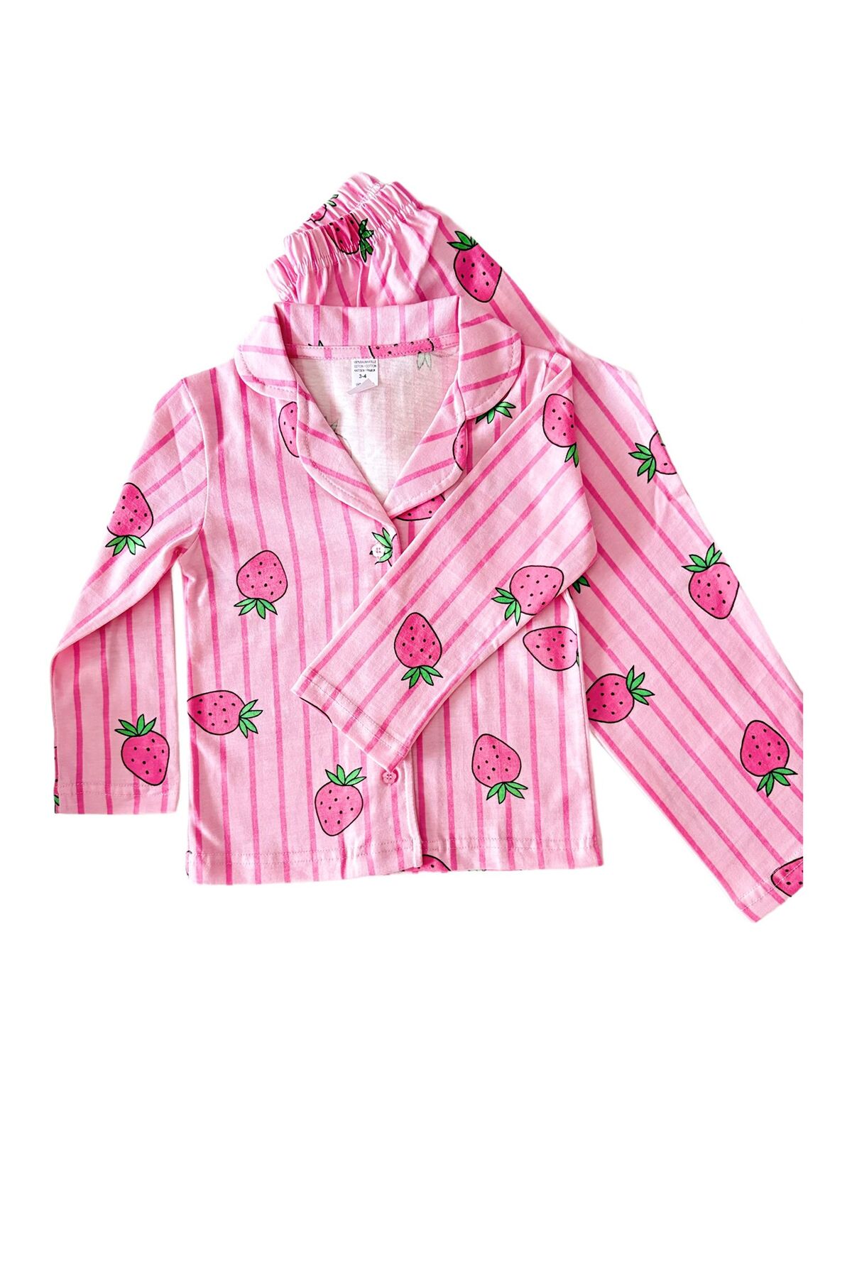mışıl mışıl kids Kız Çocuk Pembe Çilekli Gömlek Yaka Pijama Takımı-GENİŞ KALIP fotoğrafı 3 (önizleme)