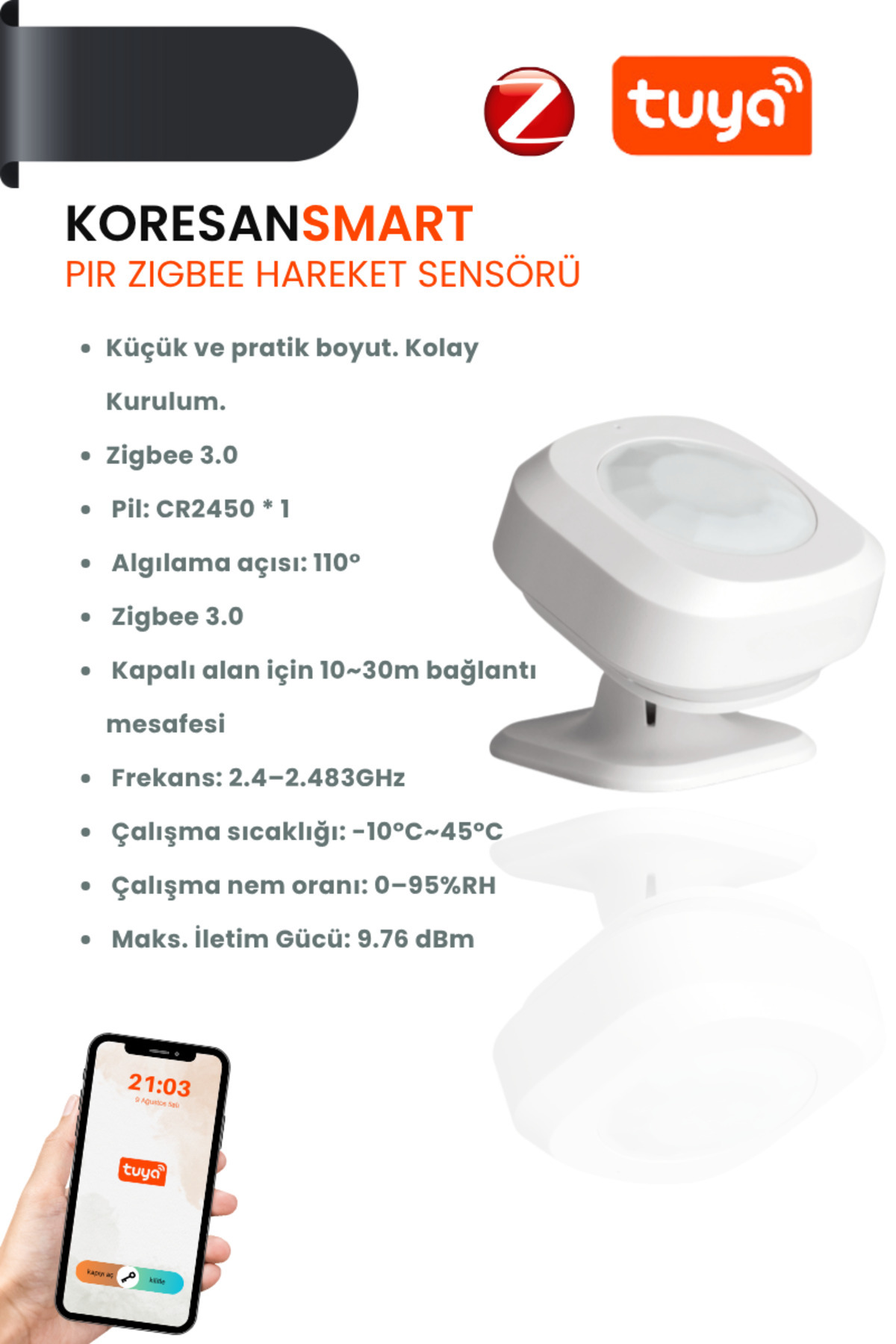 koresan Tuya PIR Zigbee Hareket Sensörü AAA pilli