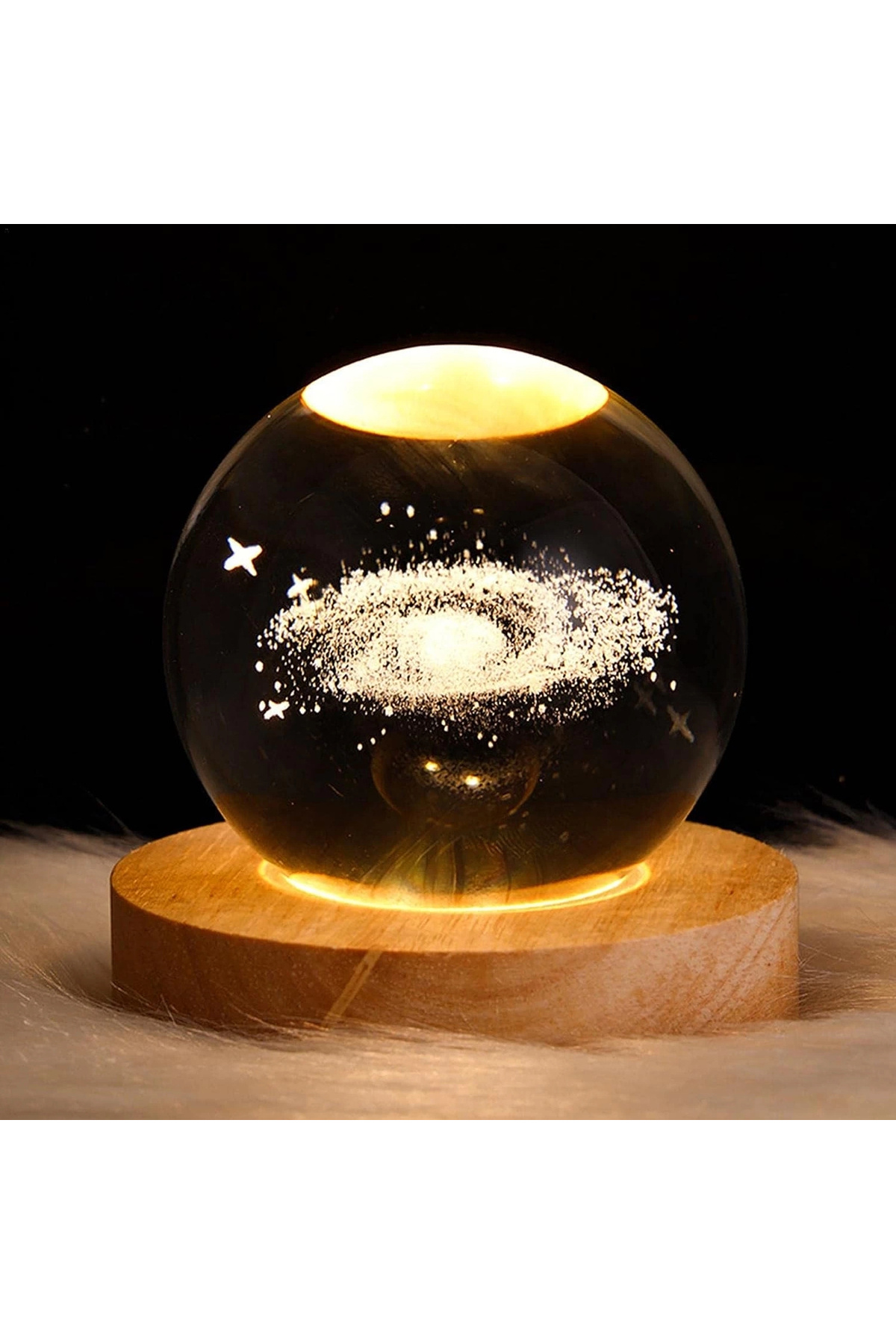 thebestnzm Dekoratif Samanyolu Tasarımlı Ahşap Altlıklı Işıklı Cam Küre Cam:6cm Ahşap:2cm