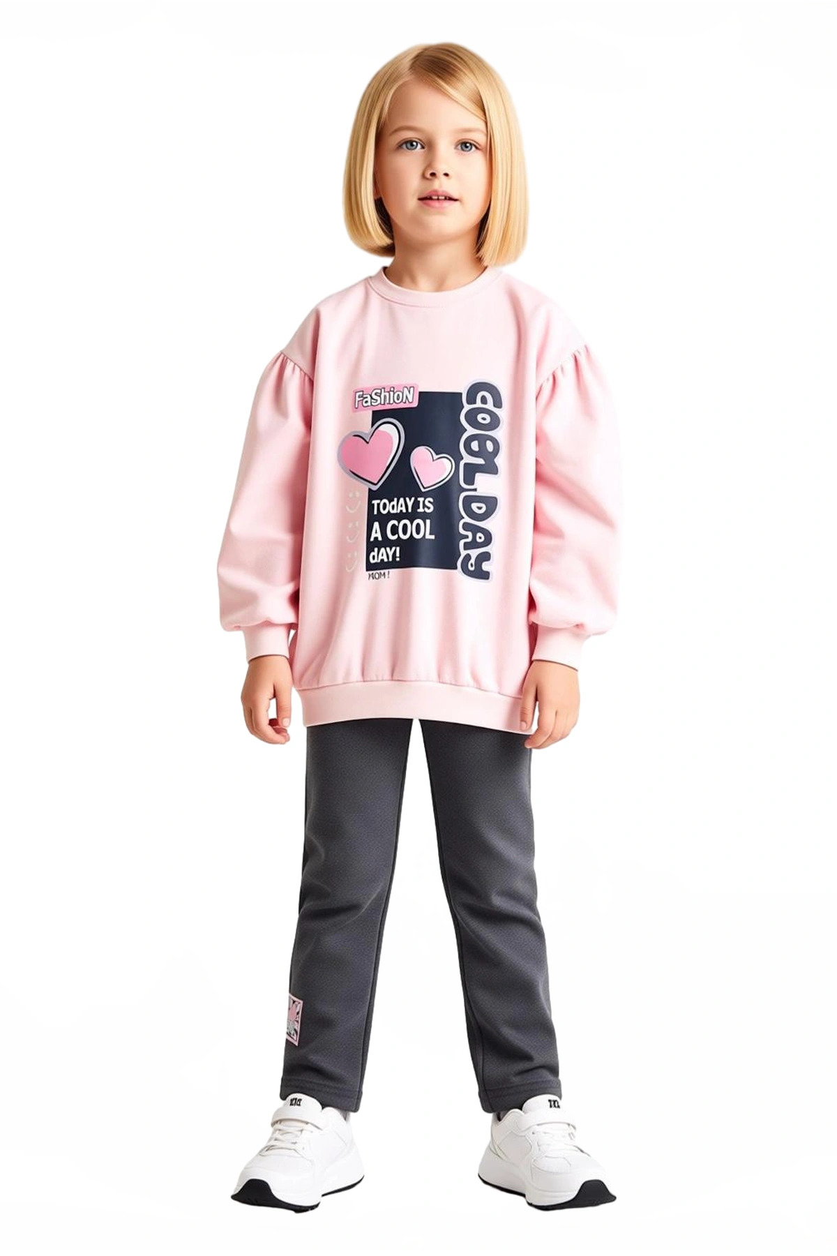 Kız Çocuk Pamuklu Kalp Baskılı Sweatshirt ve Tayt Takımı Kaliteli Şık Rahat Günlük