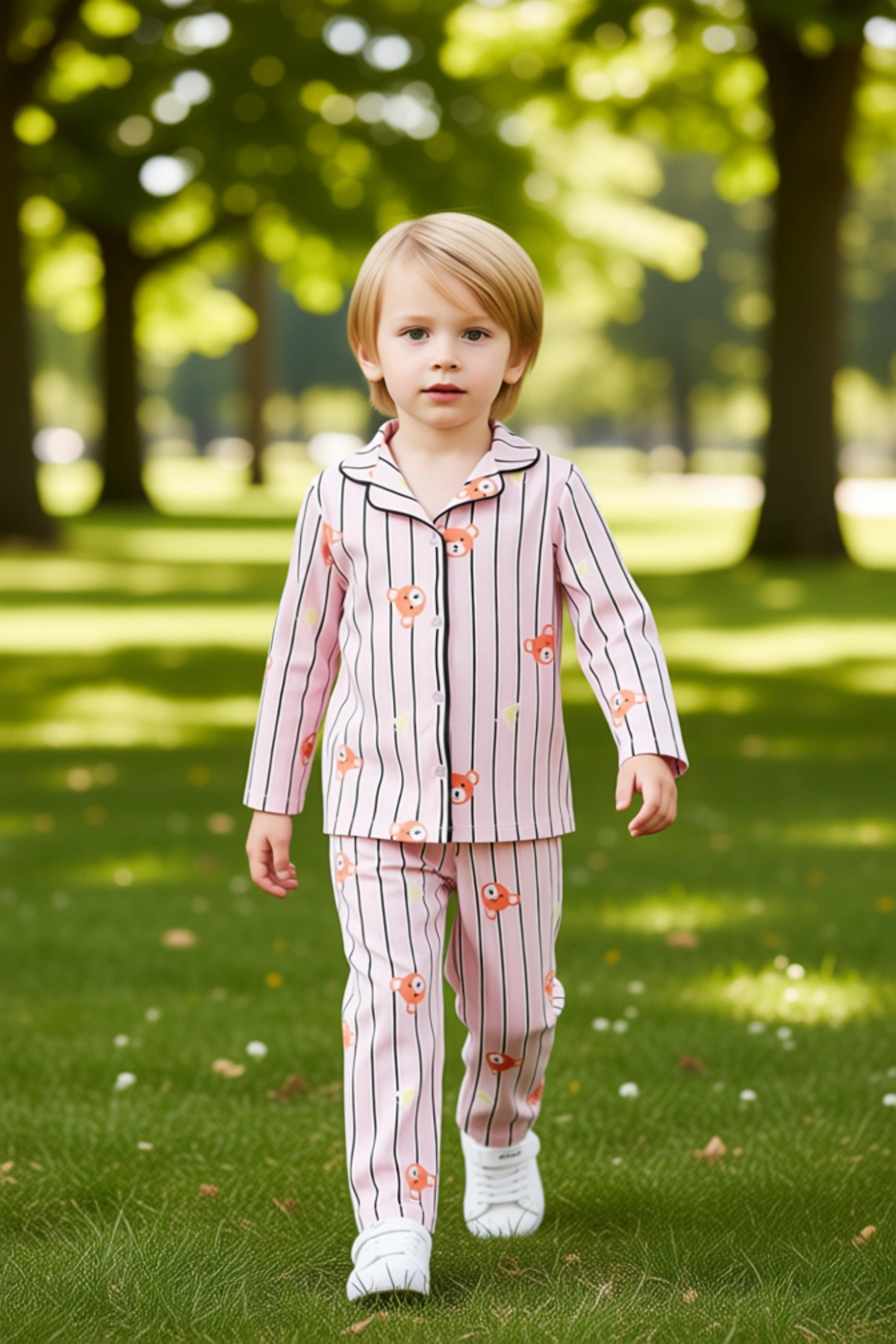 Çizgili Ayıcık Desenli Yumuşak Dokulu Erkek Çocuk Pijama Takımı Kaliteli Şık Rahat