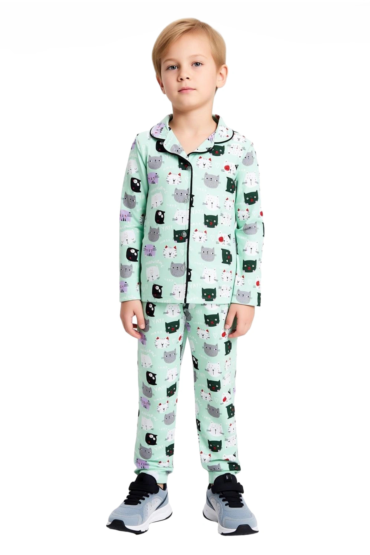 Çocuklar İçin Sevimli Kedi Desenli Uzun Kollu Pijama Takımı Kaliteli Şık Rahat