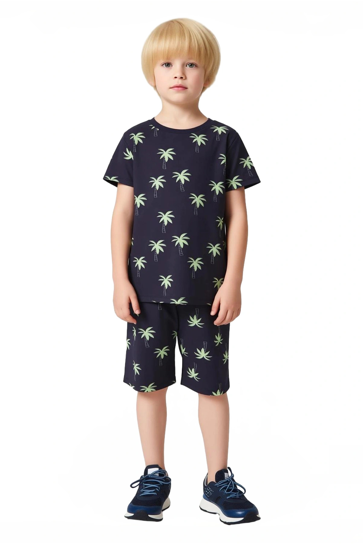 Erkek Çocuk Tropikal Baskılı Kısa Kollu Tişört ve Şort Pijama Takımı Kaliteli Şık Rahat