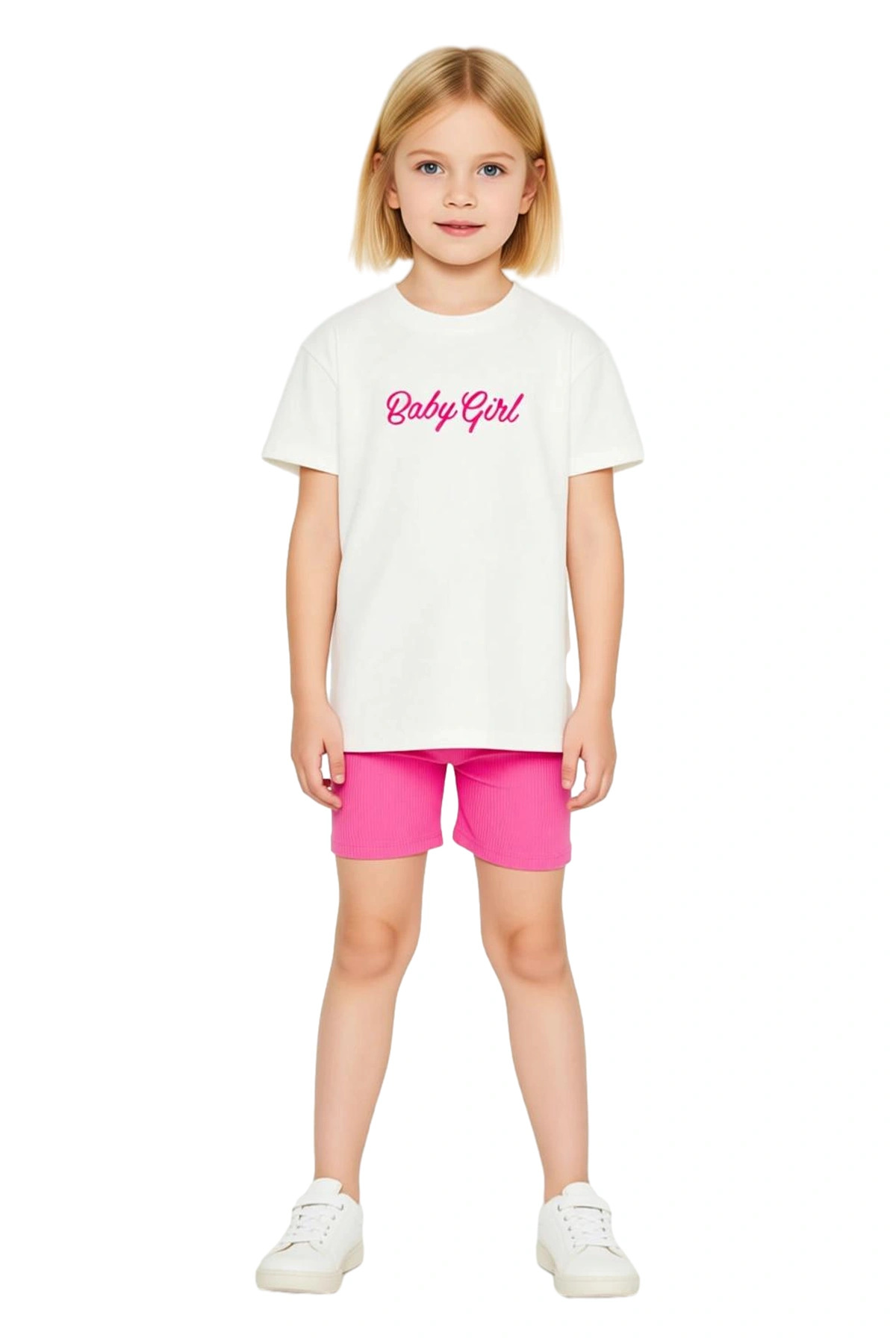 Kız Çocuk Slogan Baskılı Bisiklet Yaka Kısa Kollu T Shirt ve Şort Takımı Kaliteli Şık Rahat
