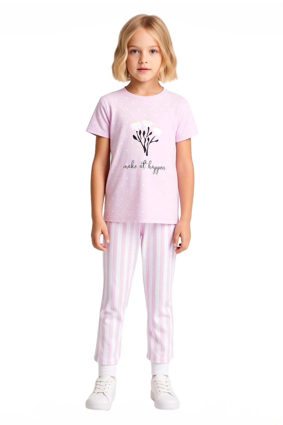 Kız Çocuk Pamuklu Polyester Örme Pijama Takımı Çiçek Baskılı ve Çizgili Alt Kaliteli Şık Rahat