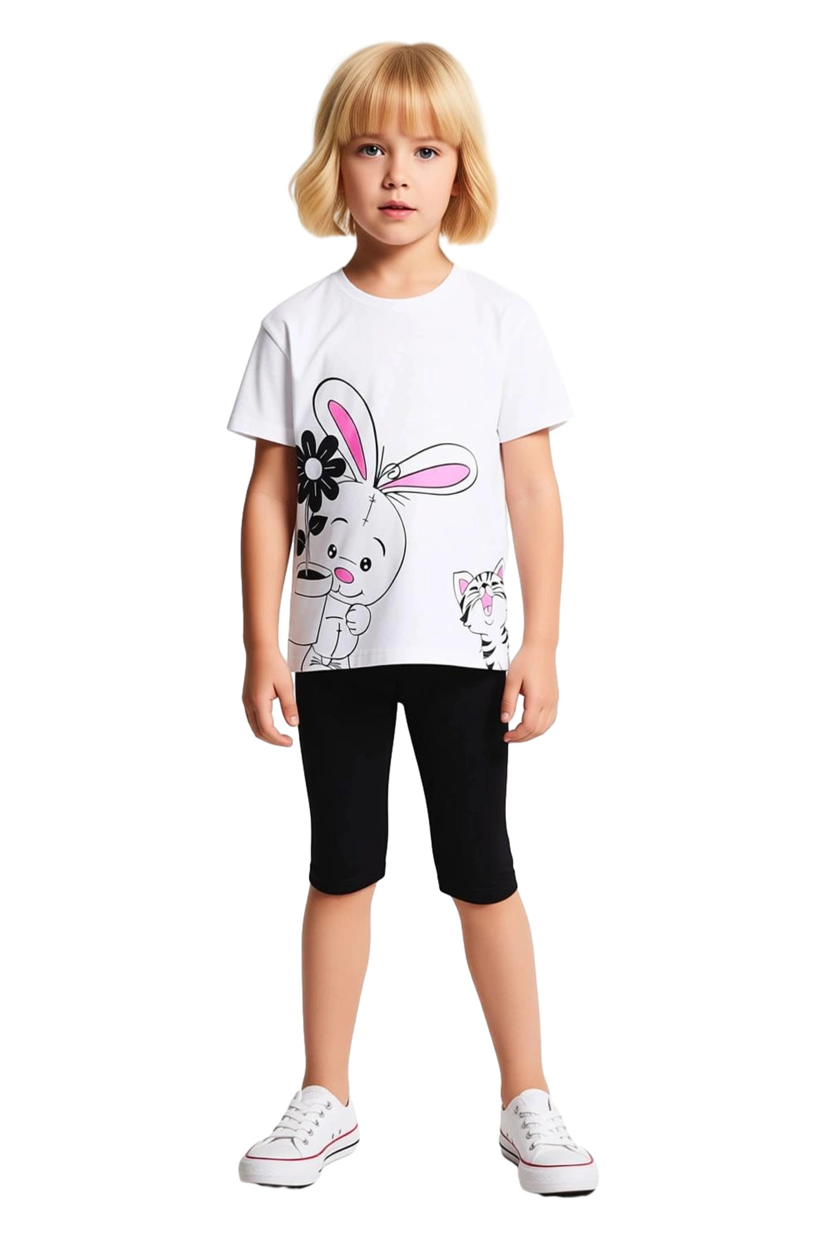 Kız Çocuk Pamuklu Oversize T Shirt ve Tayt Takımı Sevimli Hayvan Baskılarıyla Günlük Şıklık