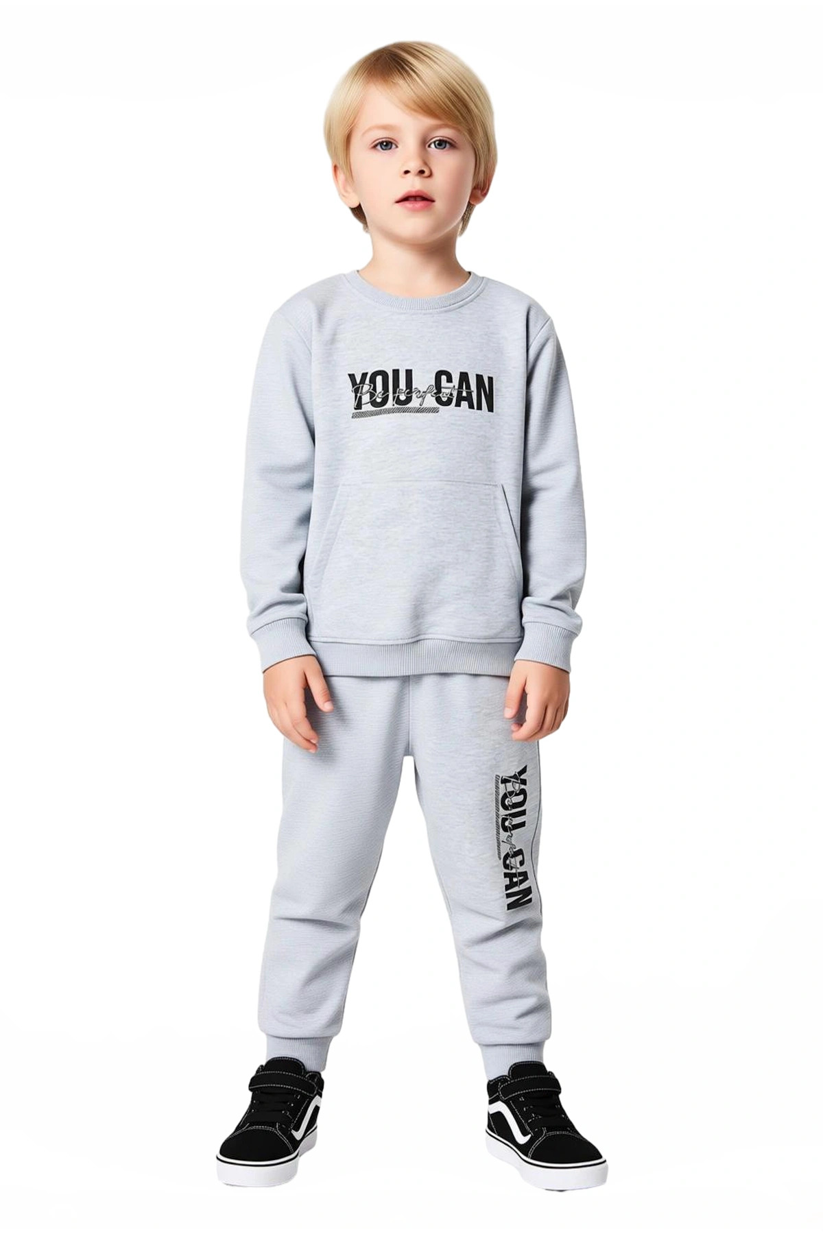 Motivasyonel Baskılı Erkek Çocuk Alt-Üst Örme Sweatshirt ve Eşofman Takımı Kaliteli Şık Rahat