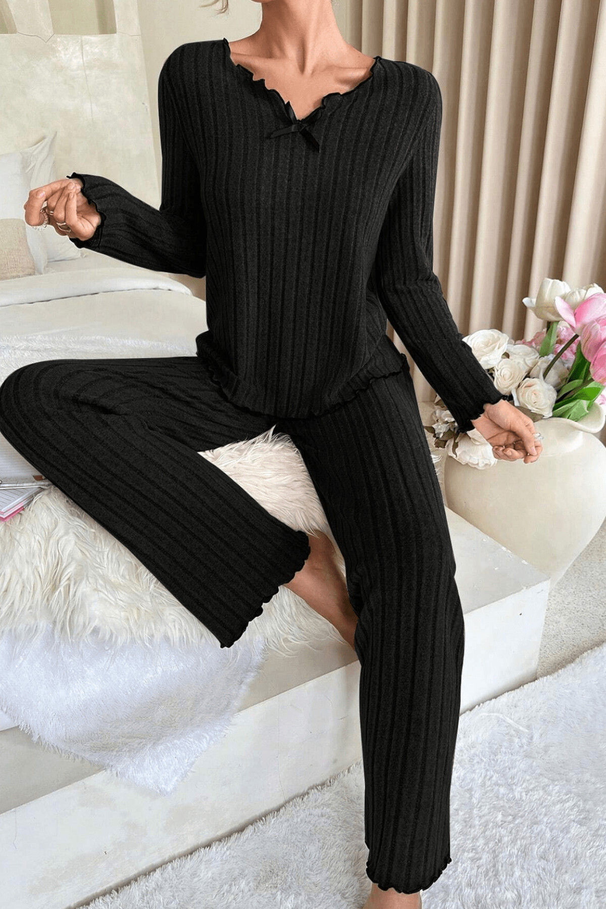 Avastyle Kadın Siyah Uzun Kollu Fiyonklu Yuvarlak Yaka Mevsimlik Pijama Takımı Ava fotoğrafı 5 (önizleme)