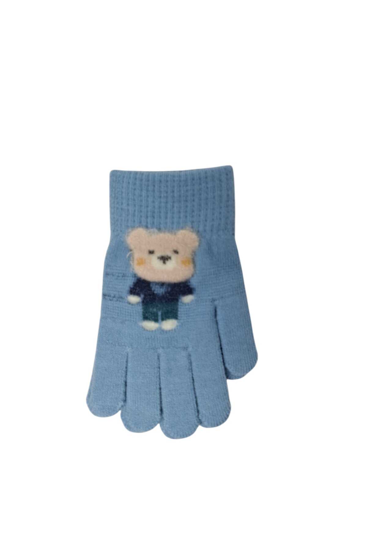Kitti Spteks 4-8 Yaş Erkek Çocuk Açık Mavi Renk Ayıcık Figürlü Kışlık Örme Eldiven fotoğrafı 3 (önizleme)