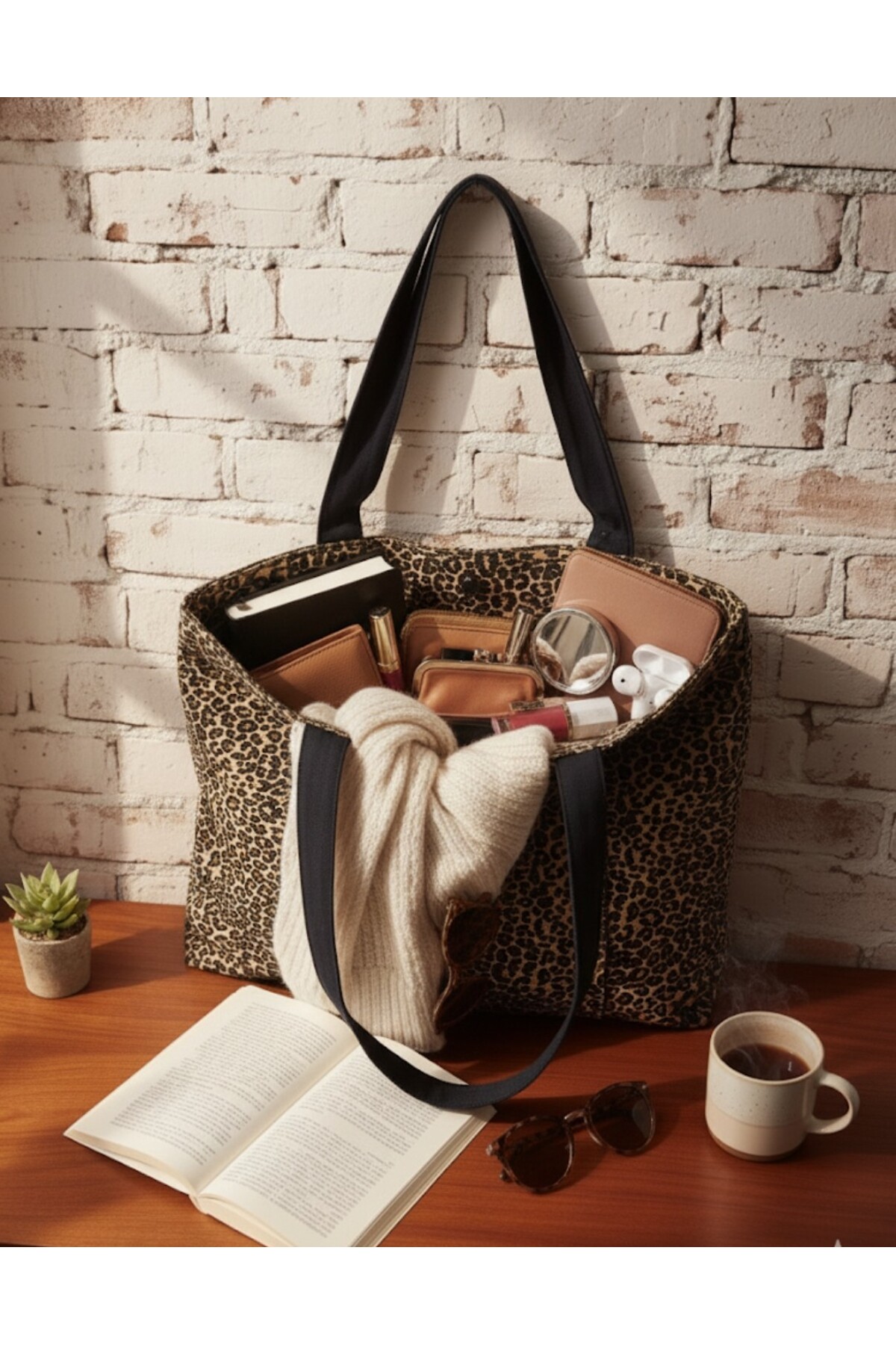 in steilla  Bez çanta Leopar Desenli Kanvas Kumaş Omuz Bez Çanta .. - Görsel 3
