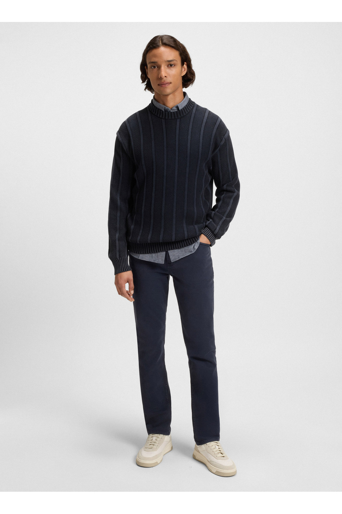 باس ژاکت مردانه یقه گرد، آبی نفتی و آرام، طرح کاکتوس