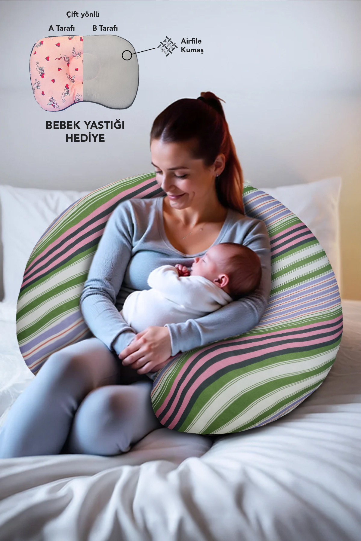 PUFYMAX Hamile yastığı,sarılma yastığı,aktivite yastığı,emzirme yastığı,pamuk kumaş fermuarlı yıkanır(yeşil) fotoğrafı 2 (önizleme)