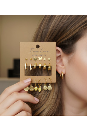 Ervalina 9 Çift Kelebek Kalp Çoklu Halka Küpe