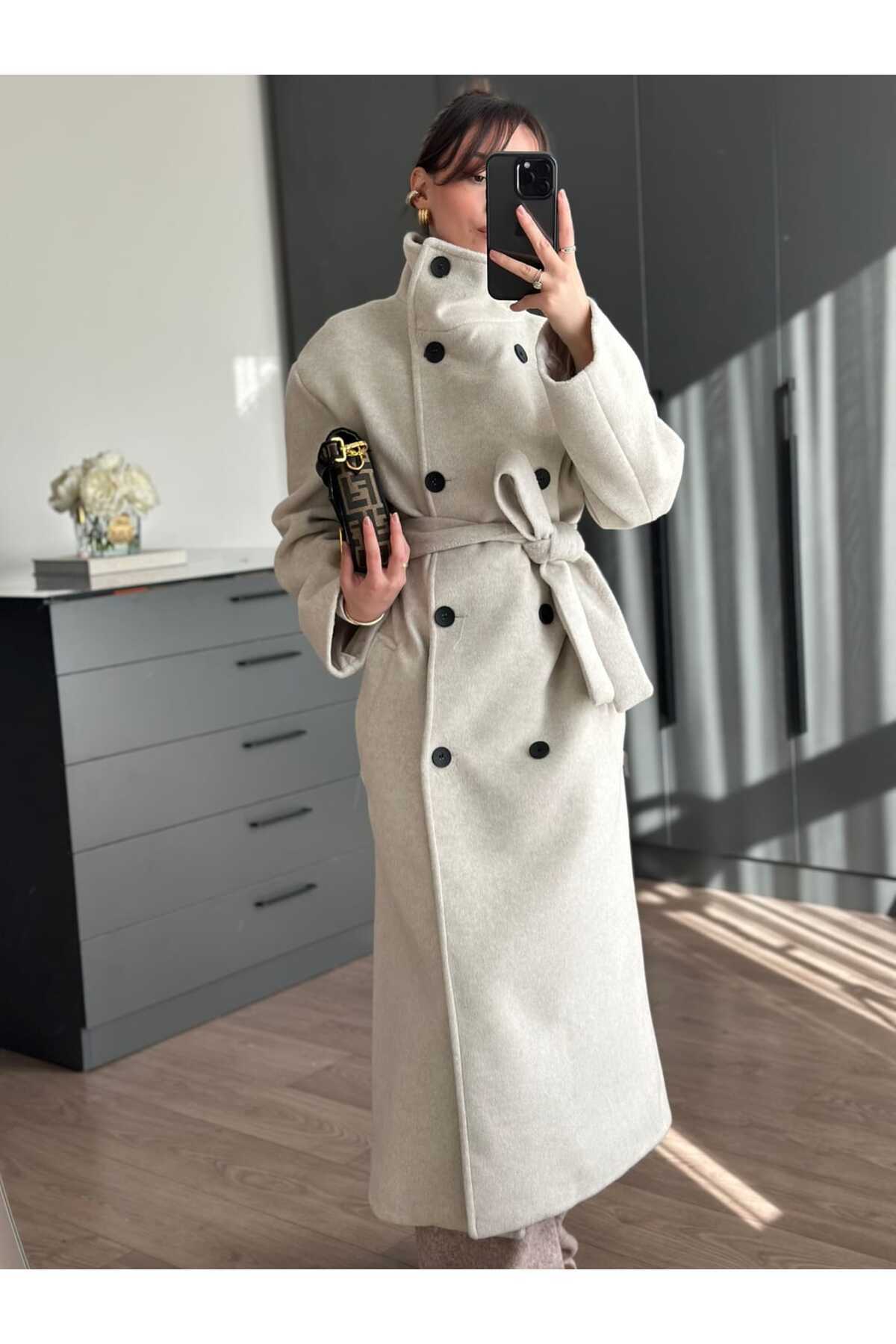 Tugen Co DİK YAKA KUŞAKLI UZUN YÜN BEJ PALTO