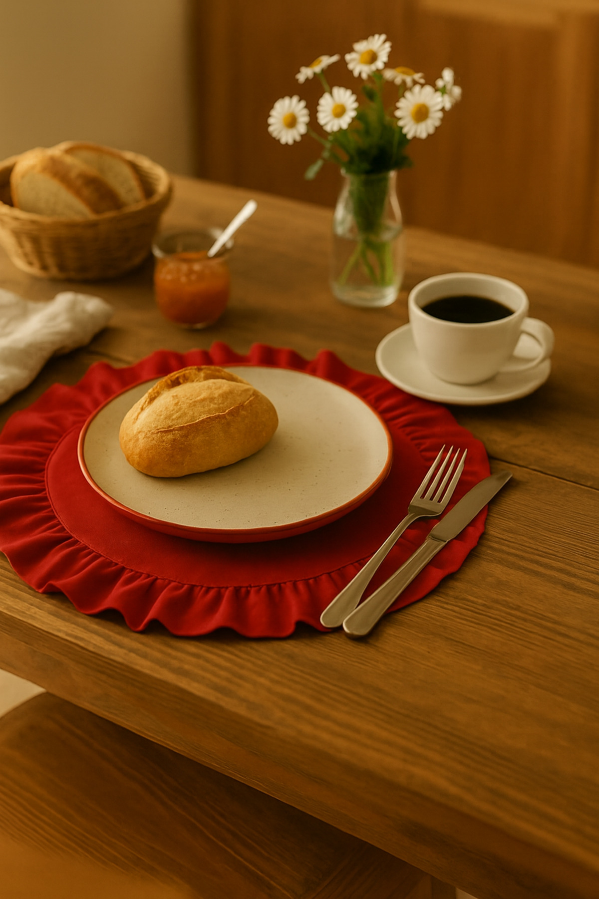 6-Piece Red Ruffle Cotton Linen Underplate Set | American Service Team