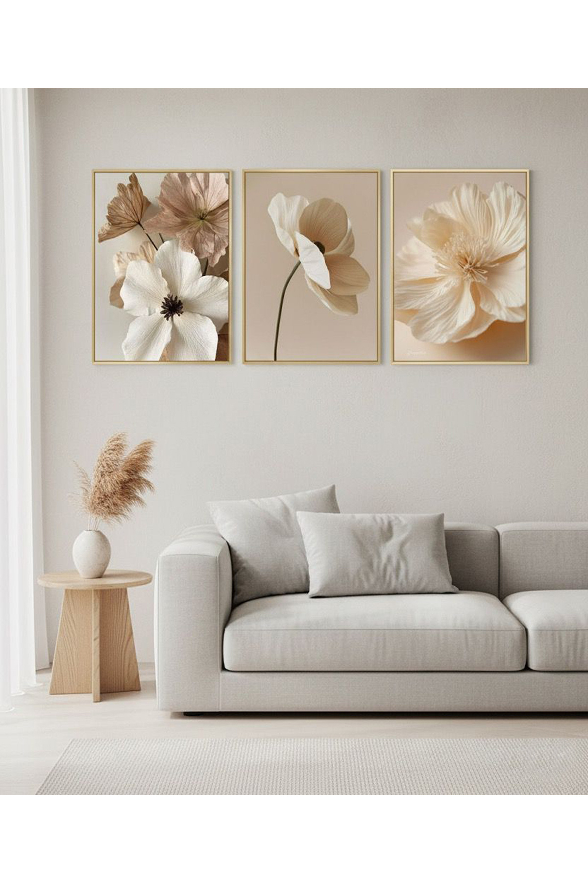 Triple Gold Metal Frame Cream Beige Flower Poster Glass Table Set