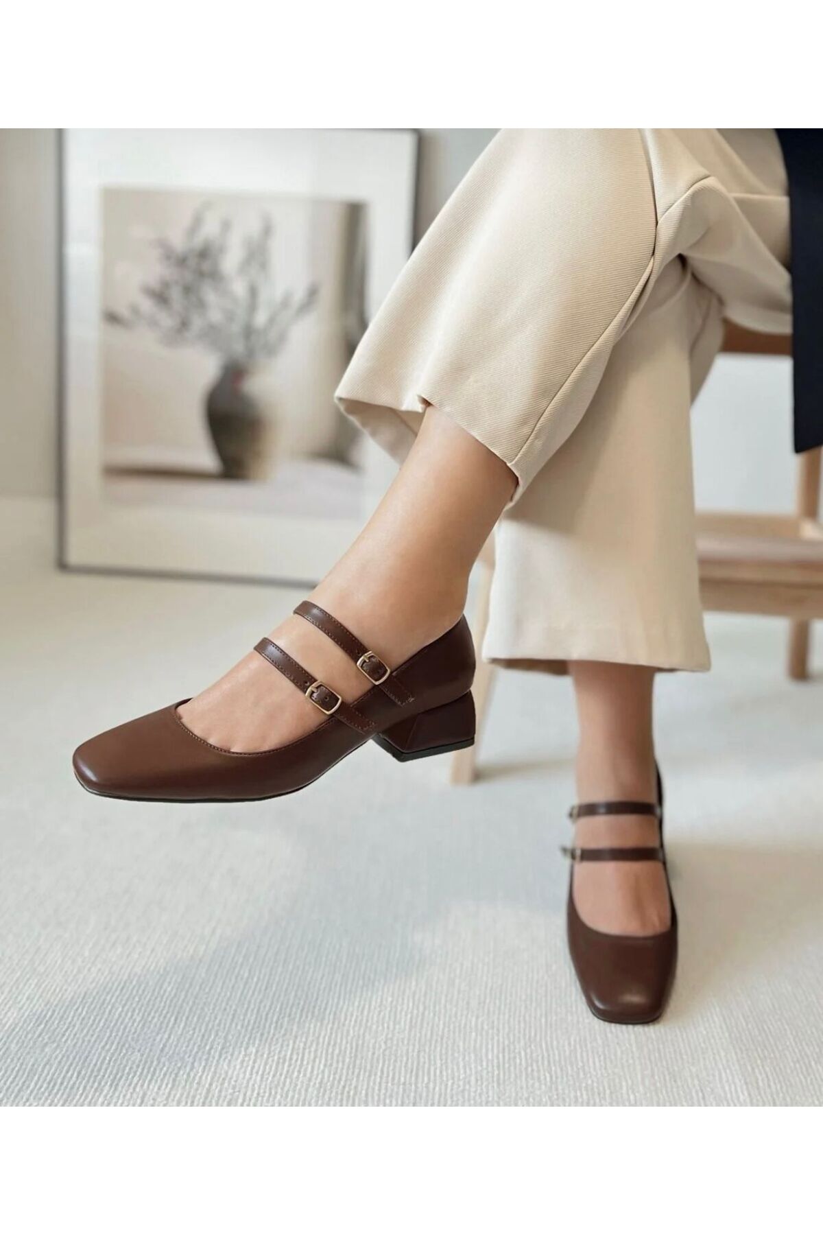 CLOVER SHOES  199 K. ÇİFT BARETLİ KISA TOPUKLU KARE BURUNLU KADIN AYAKKABI KAHVE - Görsel 5