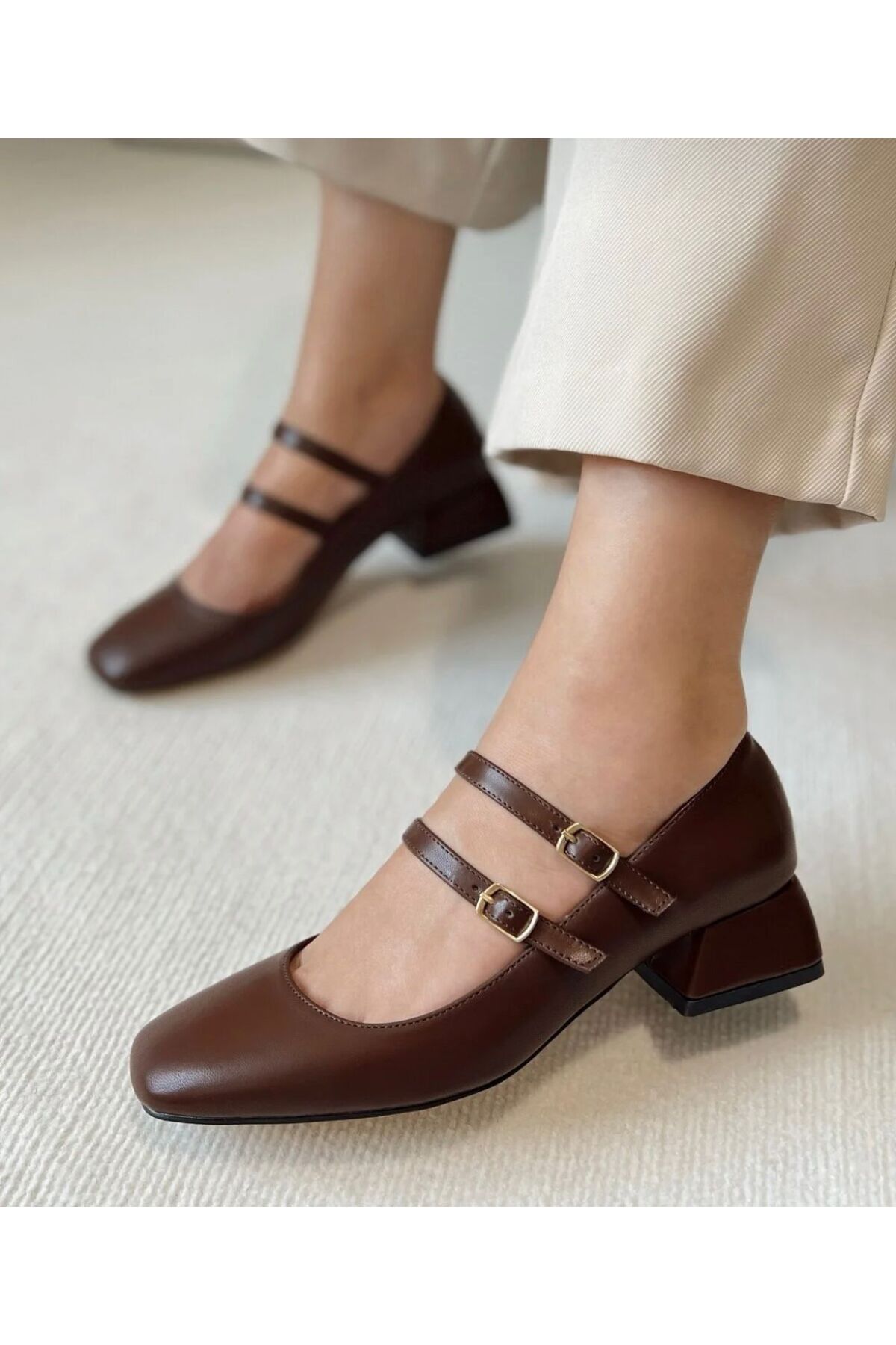 CLOVER SHOES  199 K. ÇİFT BARETLİ KISA TOPUKLU KARE BURUNLU KADIN AYAKKABI KAHVE - Görsel 3