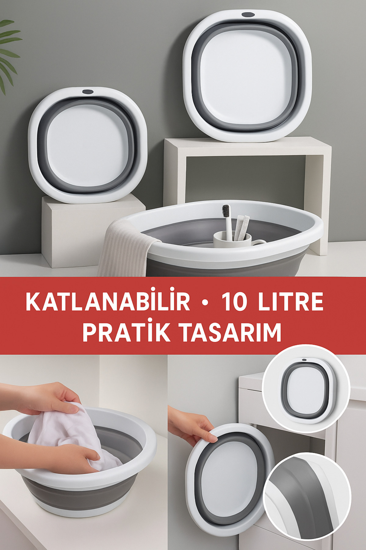 Open Home Concept 10 LT Katlanabilir Kare Leğen – PP + Silikon, Yer Kaplamaz, Dayanıklı, Çok Amaçlı