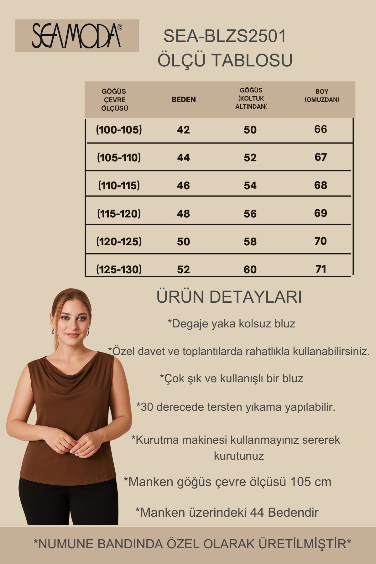 Seamoda Degaje Yaka Sandy Büyük Beden Kadın Basic Bluz 4 Mevsim Rahat Kullanım Şık Atlet-kAHVE görsel 3