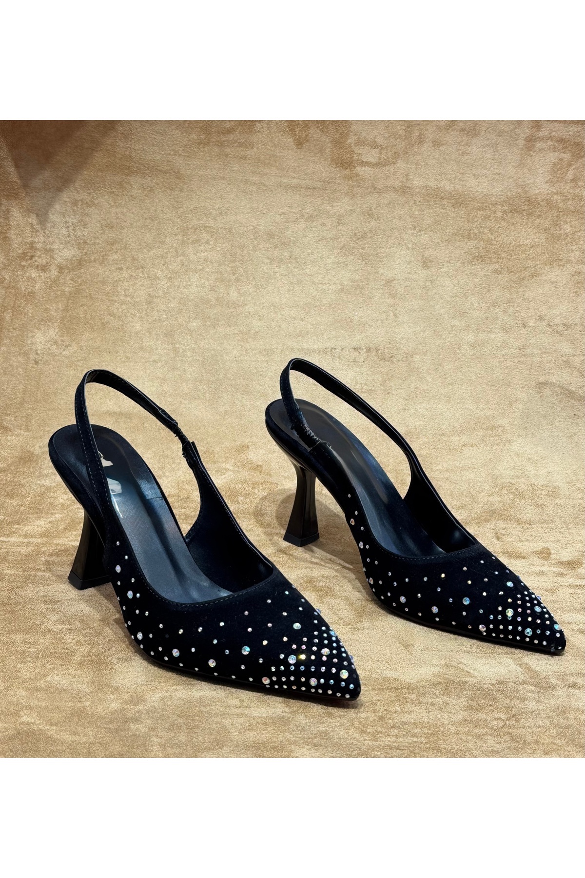 SM SHOES  ✨ Siyah Taşlı İnce Topuklu Slingback Ayakkabı – Zarif ve Şık Gece Stili ✨ - Görsel 6