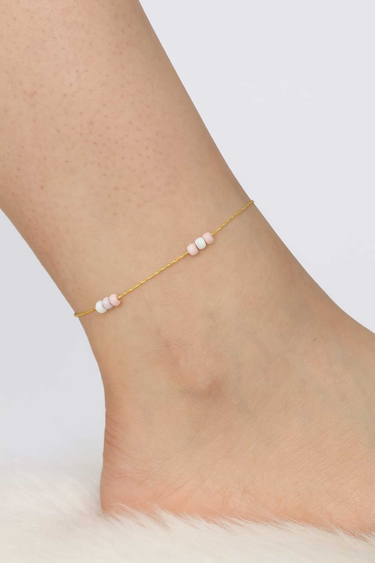 Tasarım Gold Zincirli Pastel Tonlarda Boncuk Detaylı Halhal