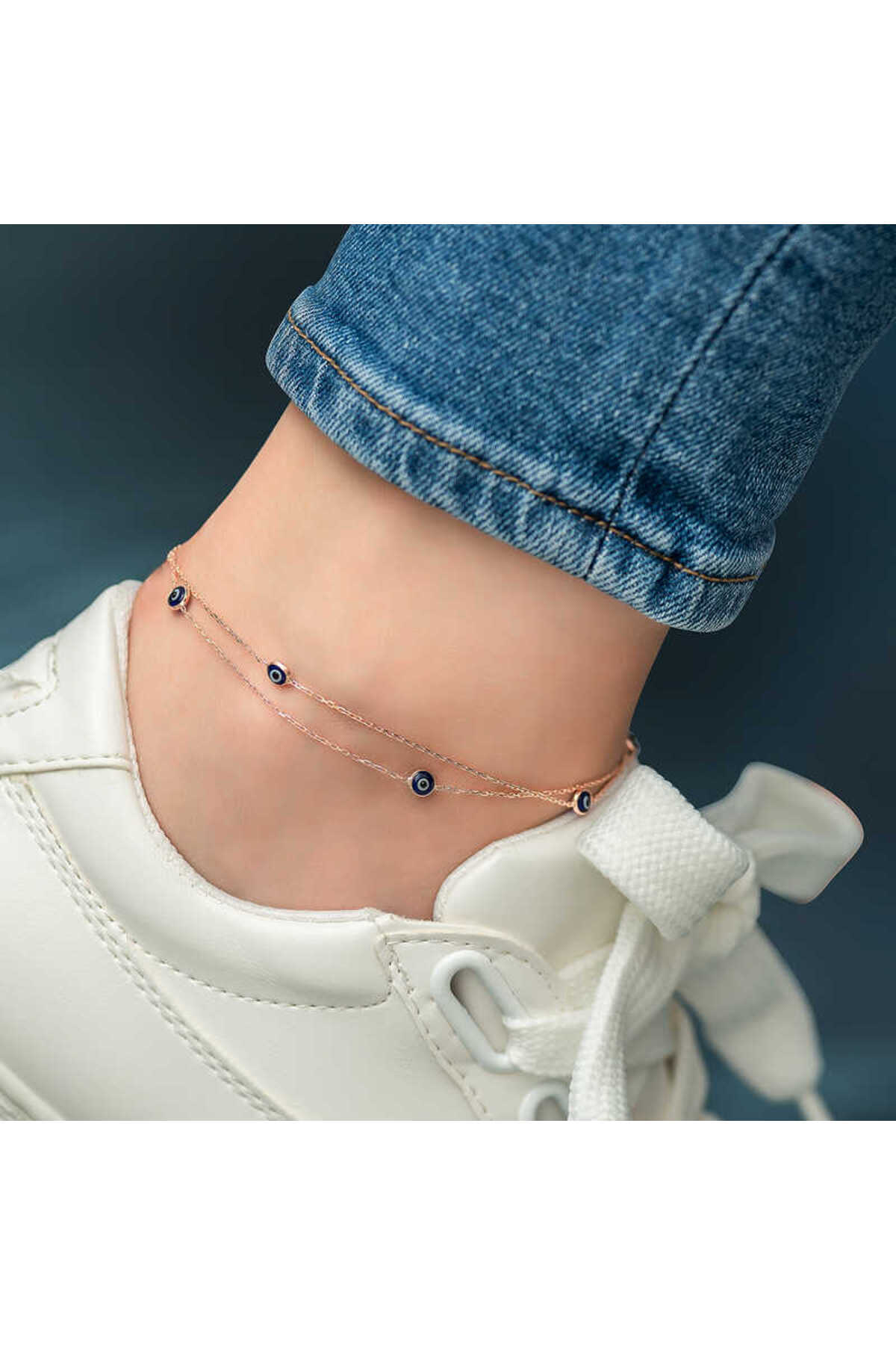 Skygo 925 Ayar Gümüş Rose Çift Zincirli Nazar Halhal