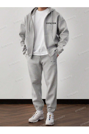 EFFRENATU Trendy Baskılar Giyim Kapşonlu Fermuarlı Üst & Alt Takım Büyük Beden