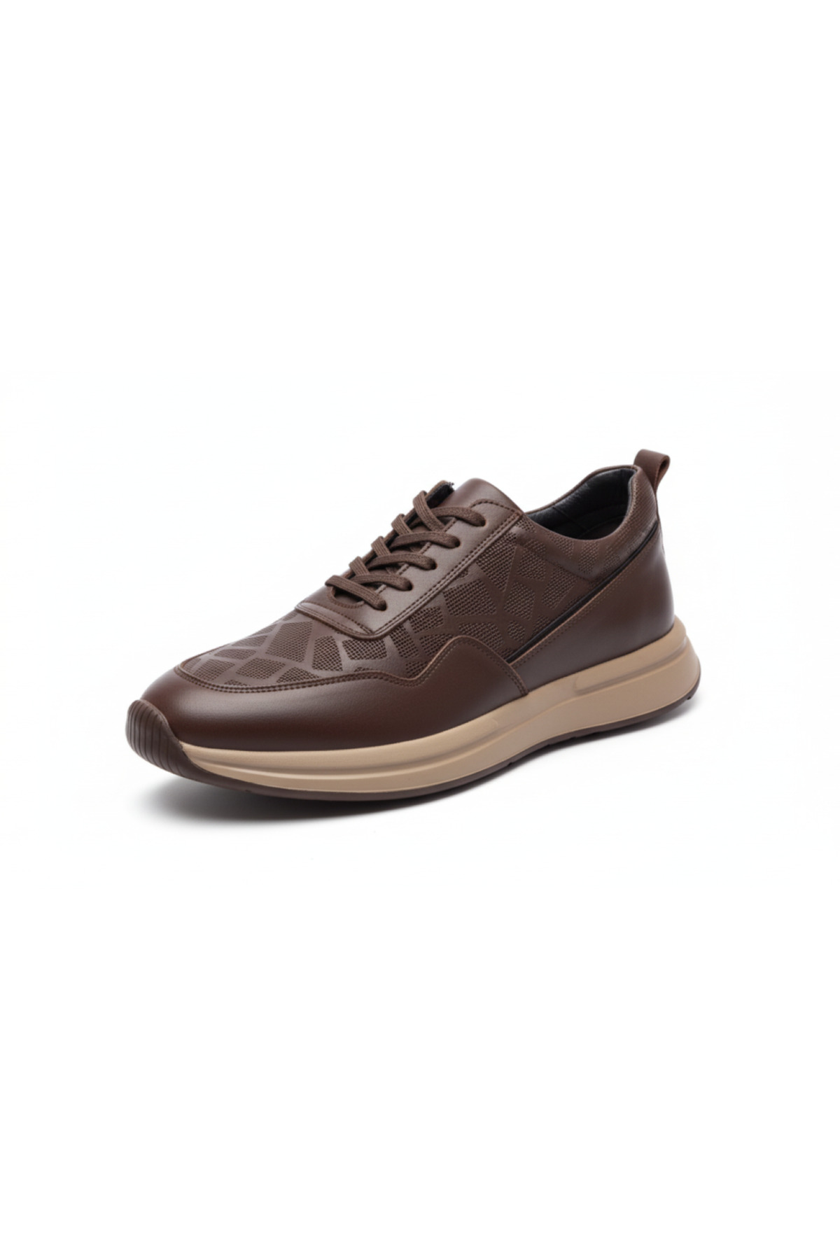 GR0444 Hakiki Deri Bej Renk EVA Taban Geometrik Desenli Sneaker Yürüyüş Ayakkabısı — قهوه‌ای — تصویر 3 از 8