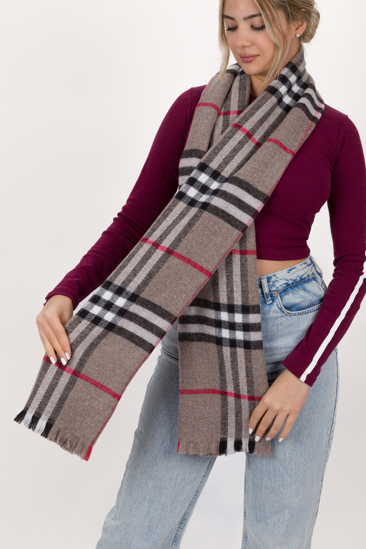 L&M LEGAS MODA Kadın Ekose Desen Pamuk Dokuma Şal Atkı 70*190