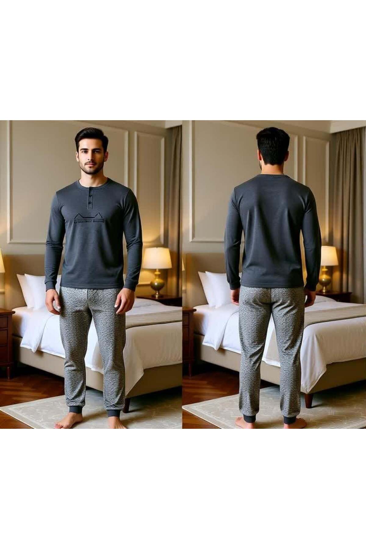 BONBON  Erkek Pamuklu Gri Melanj Renk Pijama Takımı AL001 V2 - Görsel 3