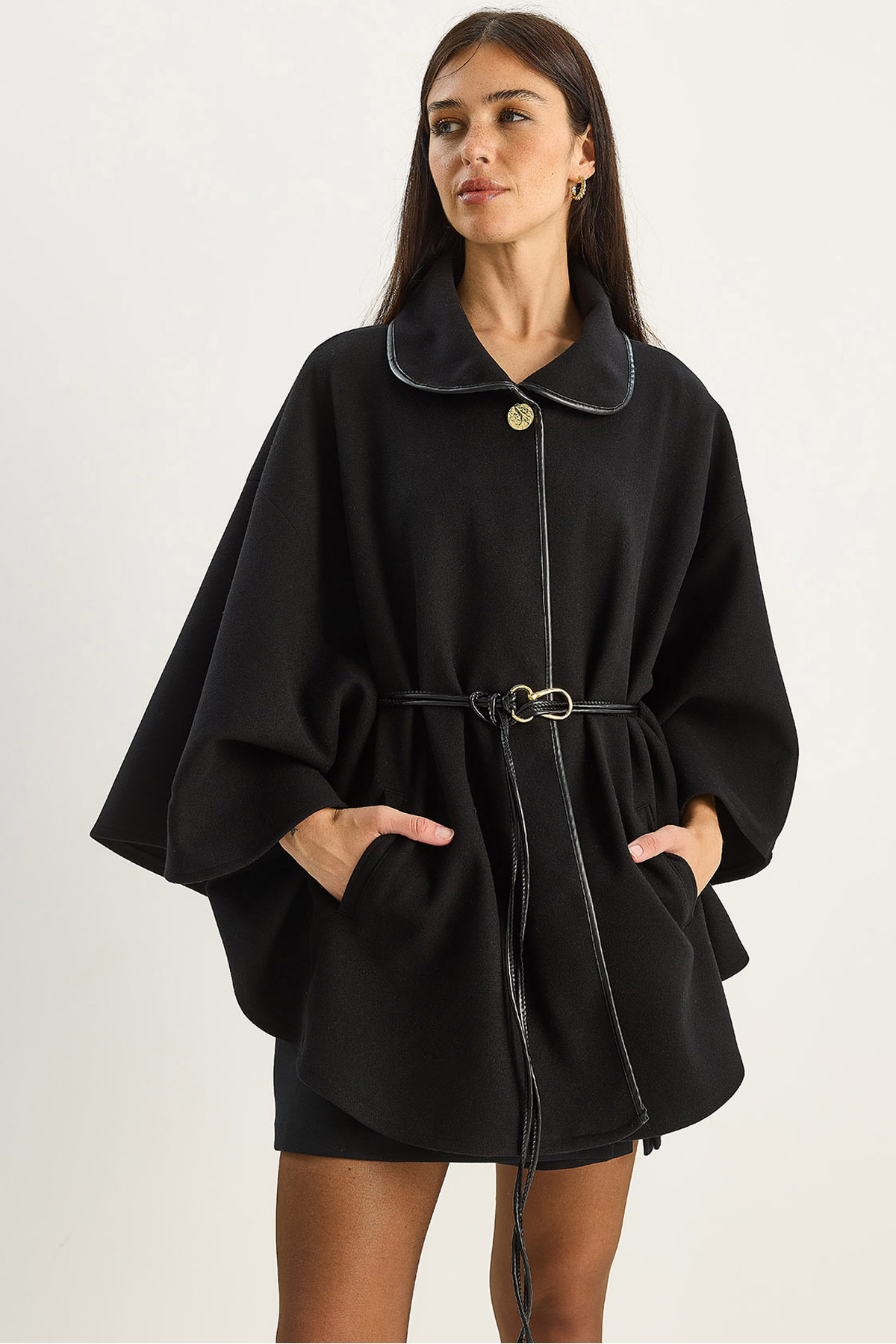 Bianco Lucci Kadın Cep Detaylı Suni Deri Kemerli Kaşe Panço 60282035