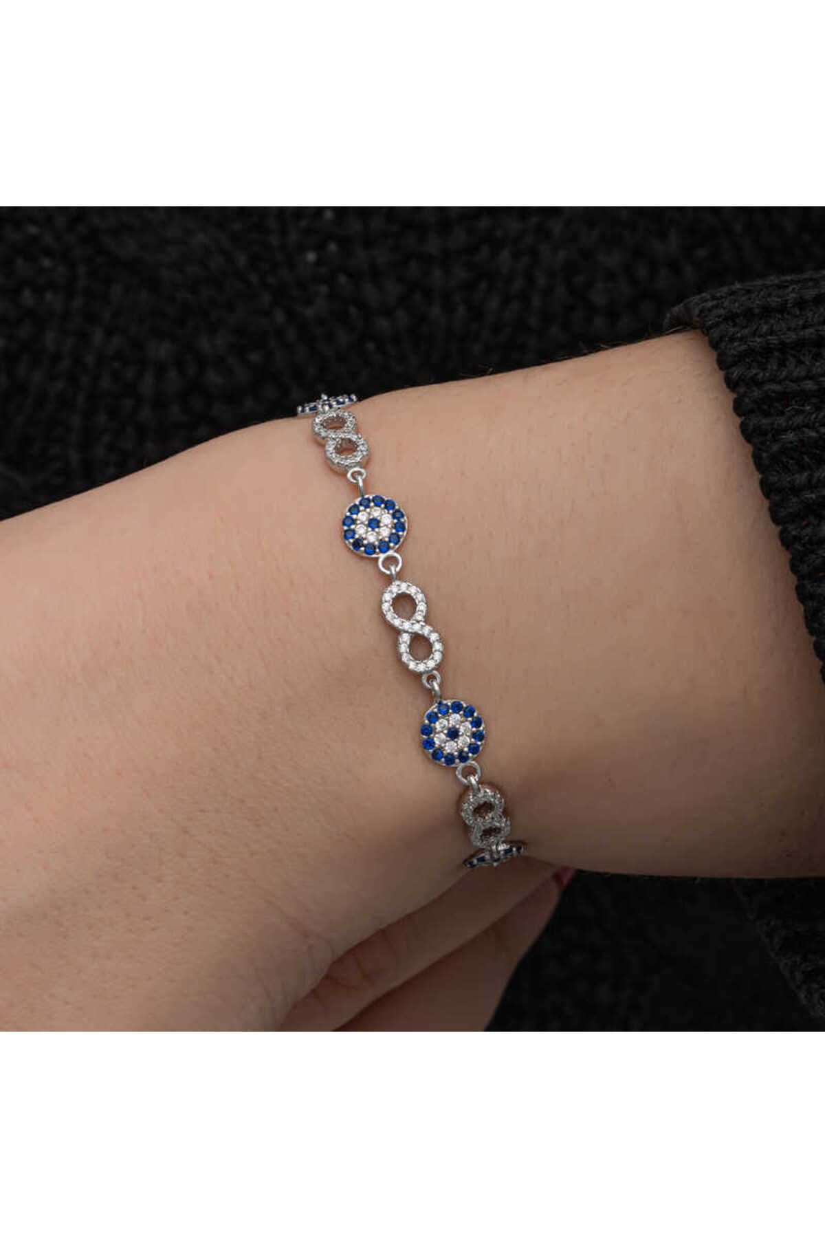 DENİSAM Gümüş Nazar Boncuklu Sonsuzluk Kadın Bileklik