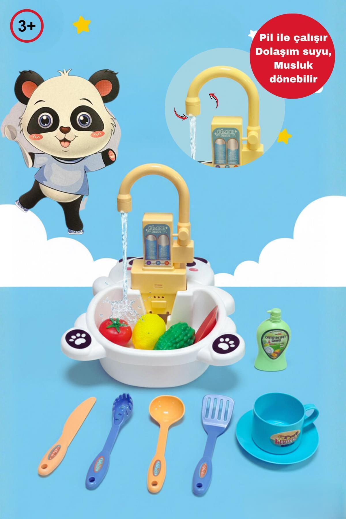 hak-iş oyuncak Pilli Dolaşımlı Pandalı Lavabo Seti 14 Parça Mutfak Oyuncak Seti