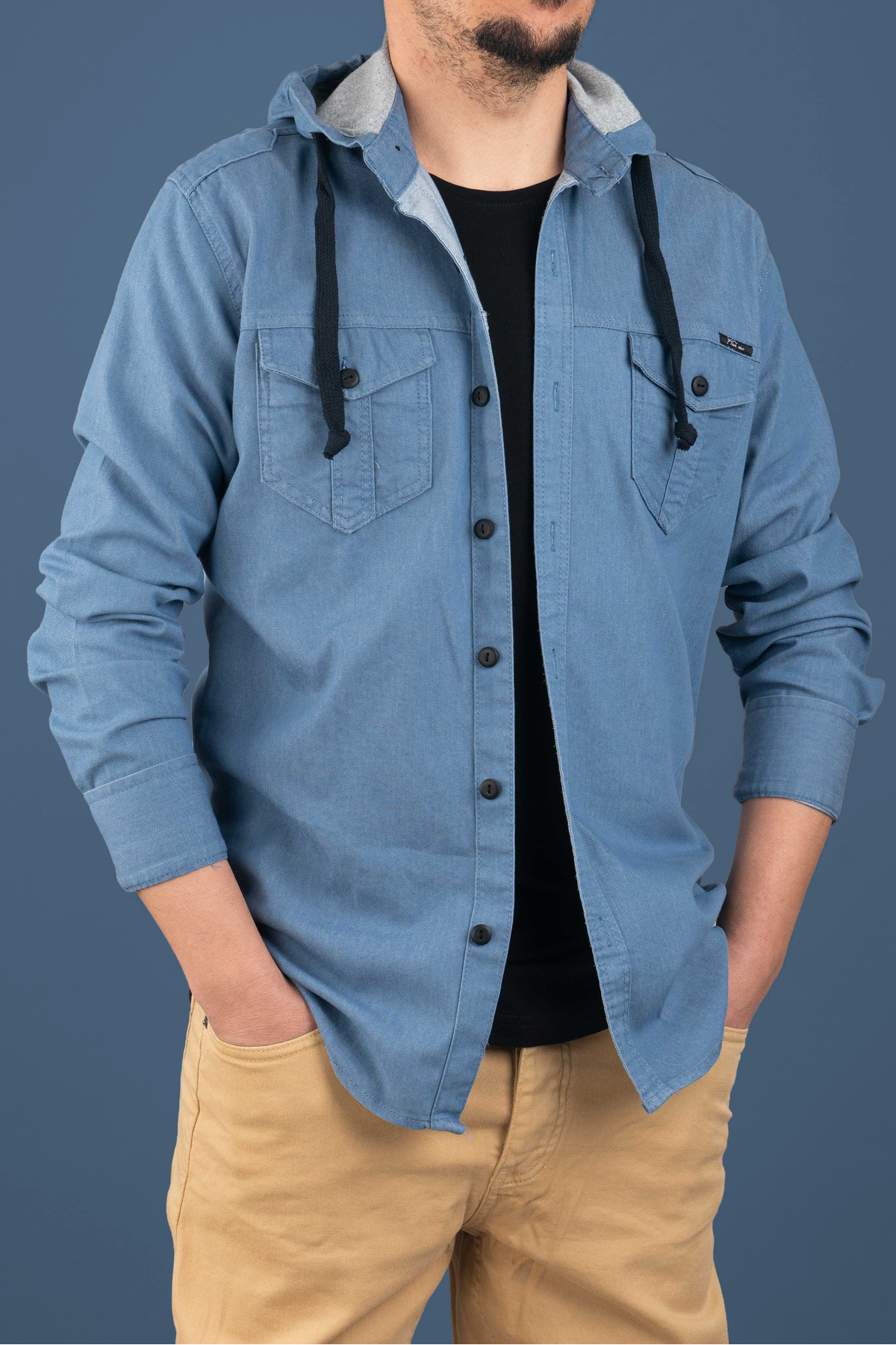 Erkek Slim Fit Kapüşonlu Kot Gömlek