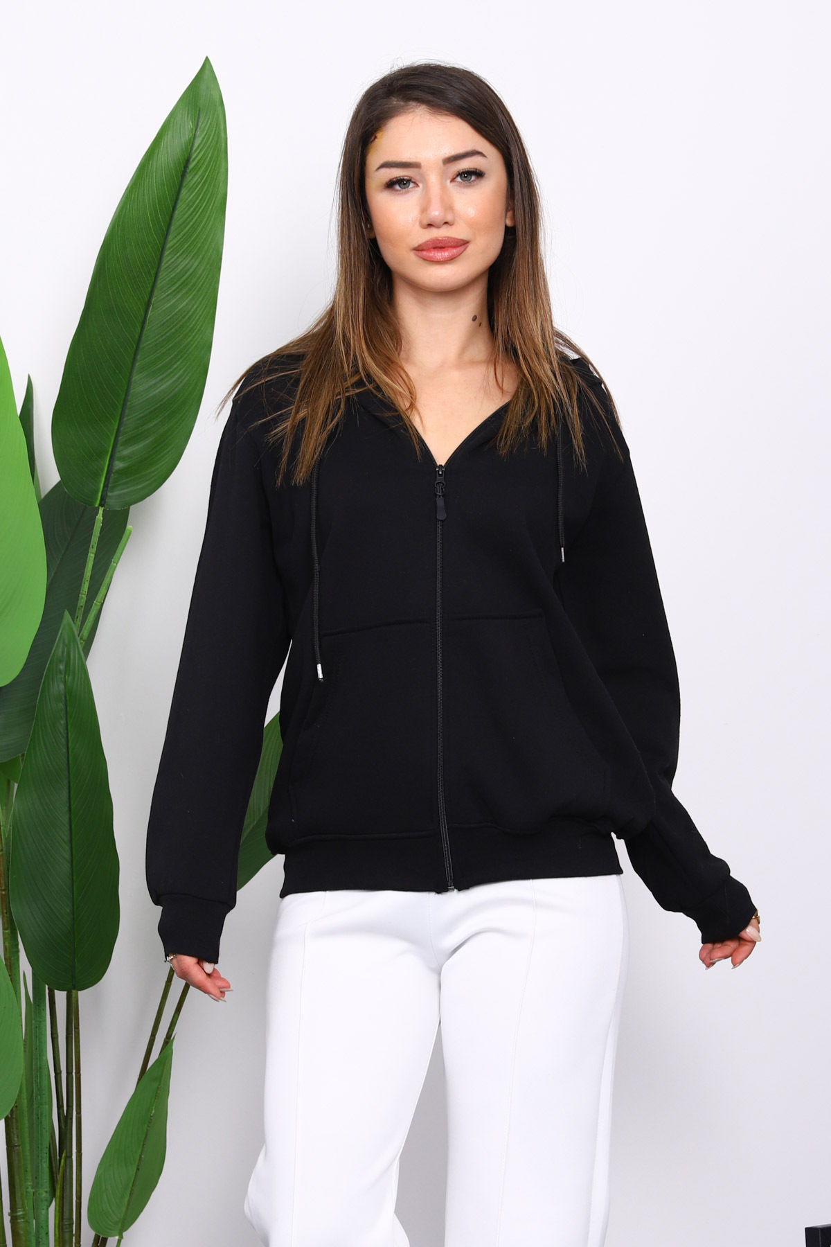 İmajButik  Siyah İçi Şardonlu Üç İplik Oversize Hırka - Görsel 3