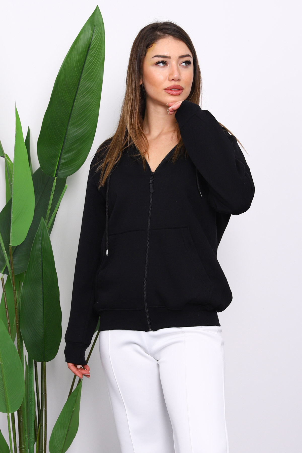 İmajButik  Siyah İçi Şardonlu Üç İplik Oversize Hırka