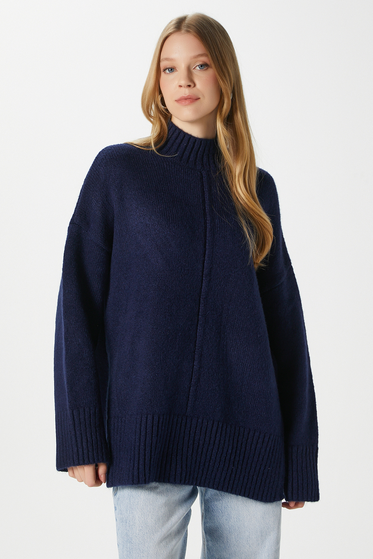 Ritnice Kadın Wonder Yumuşacık Dik Yaka Lacivert Yırtmaçlı Oversize Triko Kazak